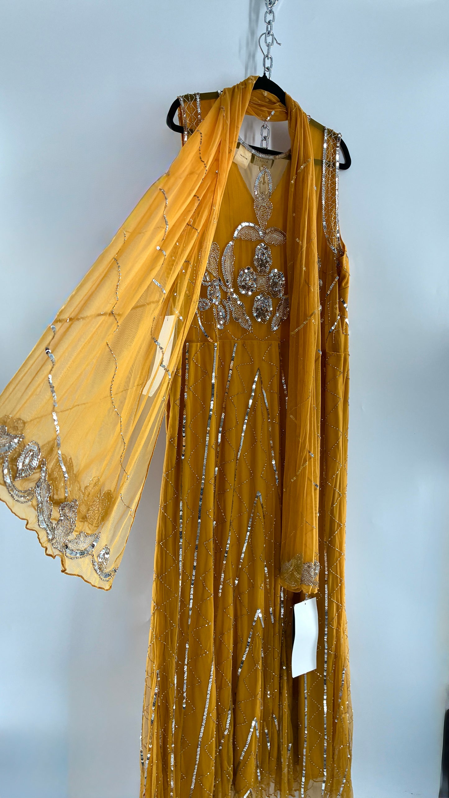 Deadstock Vintage ASHRO 1990s Mustard Yellow Dress with Sheer Back, Neck Scarf and Silver Beading (XXL)