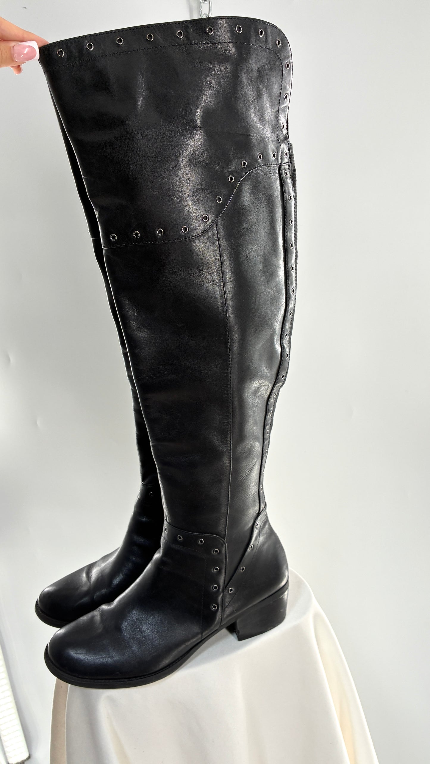 VINCE CAMUTO Genuine Leather Black Over the Knee, Thigh High Boots with Studding Details (11/41)