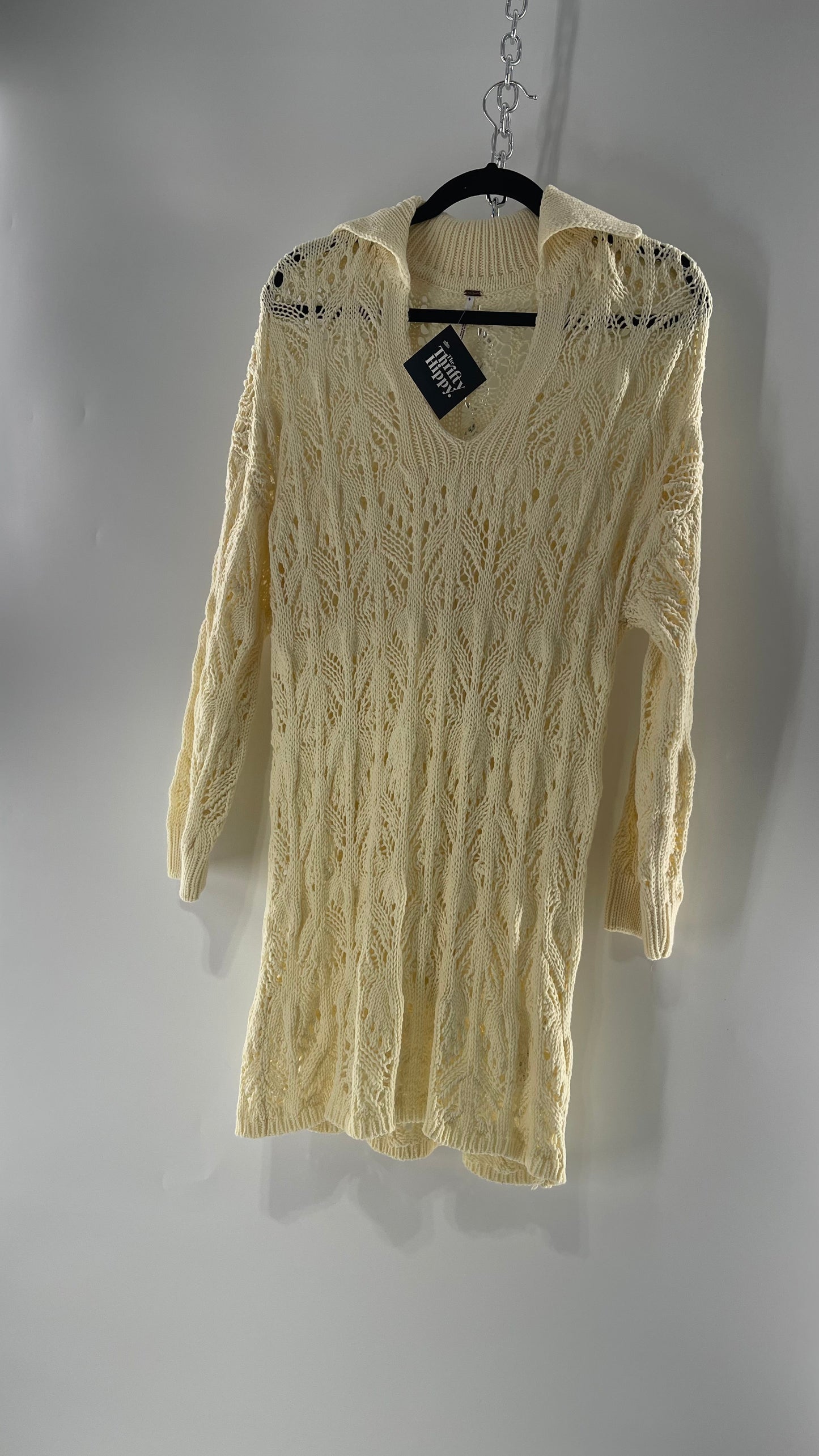 Free People Baby Yellow Comfy n Cozy Open Stitch Knit Sweater Dress (XS)