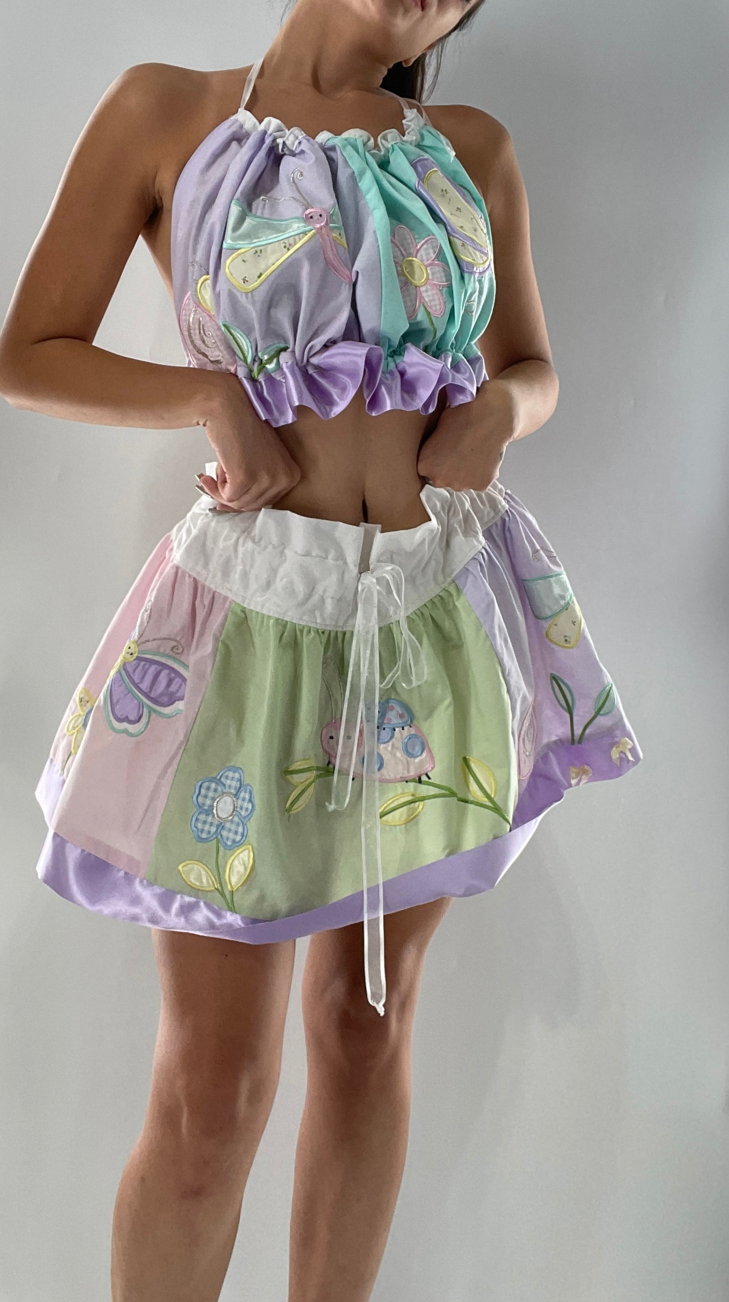 Vintage Custom 2piece Garden Gal Set Covered in Patchwork Butterflies, Dragonflies, Flowers, Snails and Pastels (One Size Fits Most)