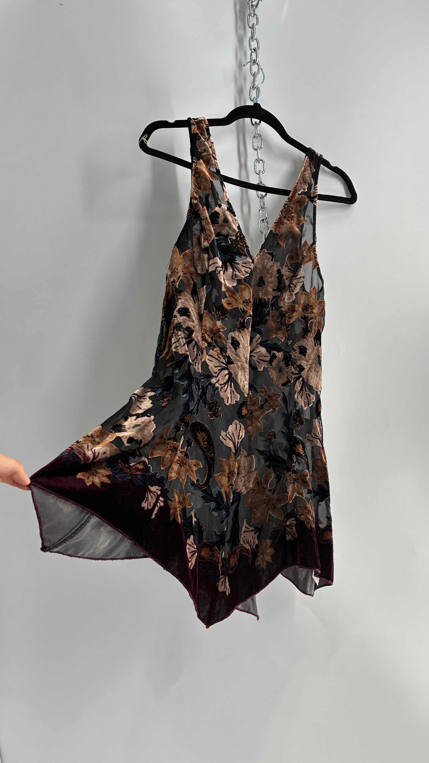 Free People Burn Out Velvet Mini Dress with Handkerchief Hem (XS)