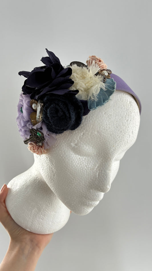 Vintage FARMER Handmade Lilac Headband with Purple Ribbon,  Pleated, Floral, and Gemstone Appliqués