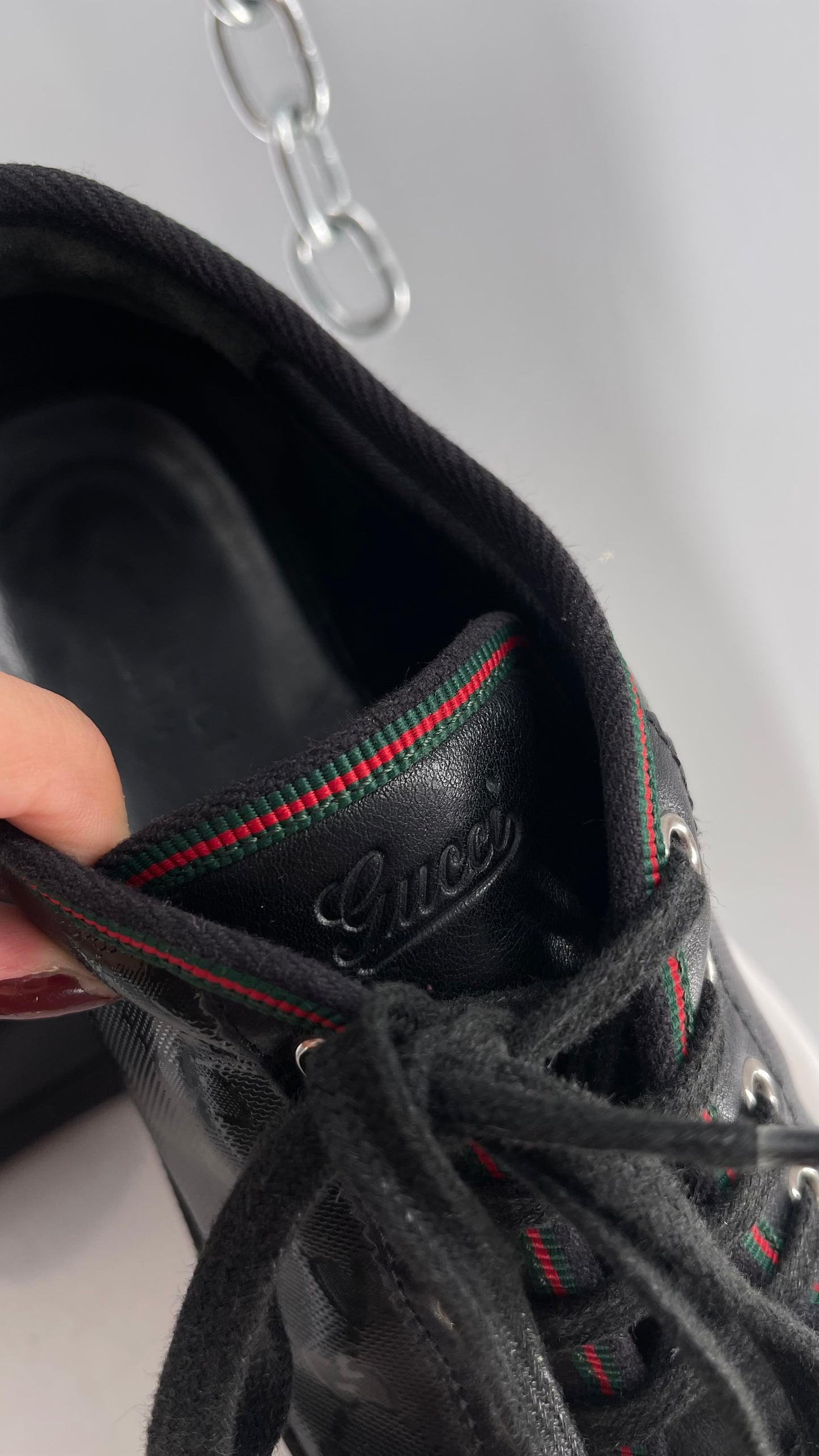 Vintage GUCCI Worn Black Leather Monogram Low Top Sneakers with Red/Green Iconic Trim (37)