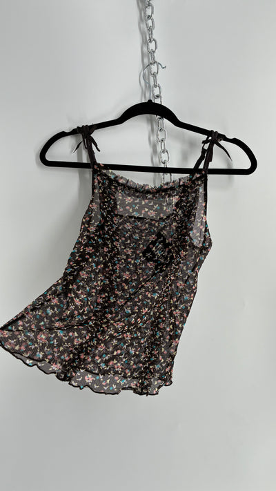 Vintage Donna L’Orèn Gold Label Dark Brown Floral Mesh Camisole (Large)