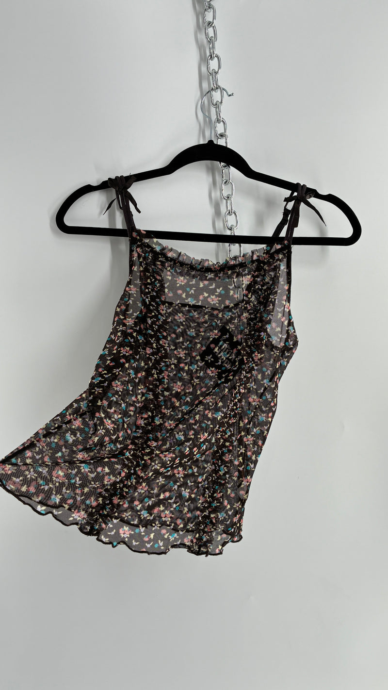 Vintage Donna L’Orèn Gold Label Dark Brown Floral Mesh Camisole (Large)