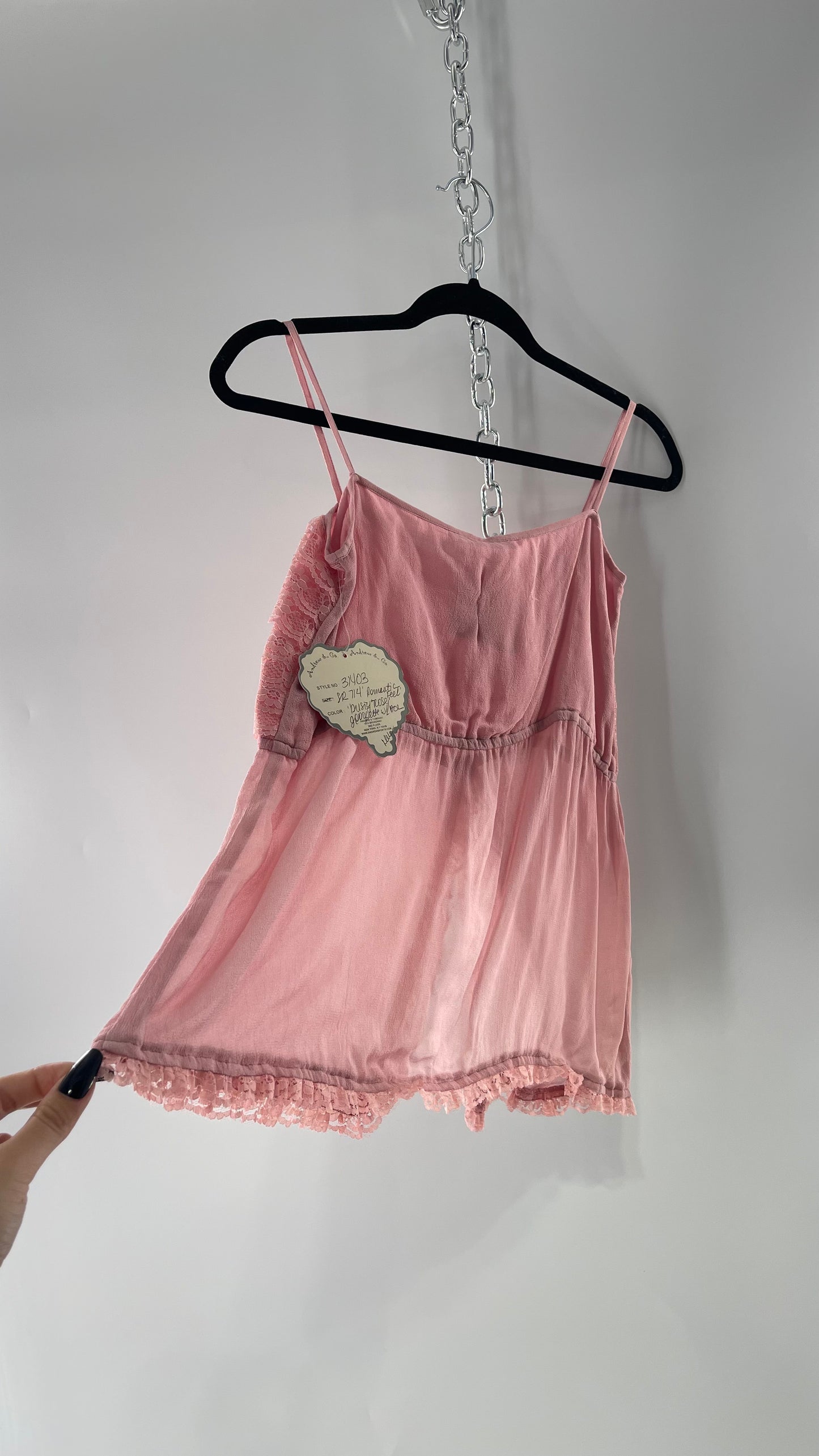 Andrew & Co NYC Deadstock Vintage Ruffled Lace Pink Tank with Bow Detail and Vented Bodice (S/M)