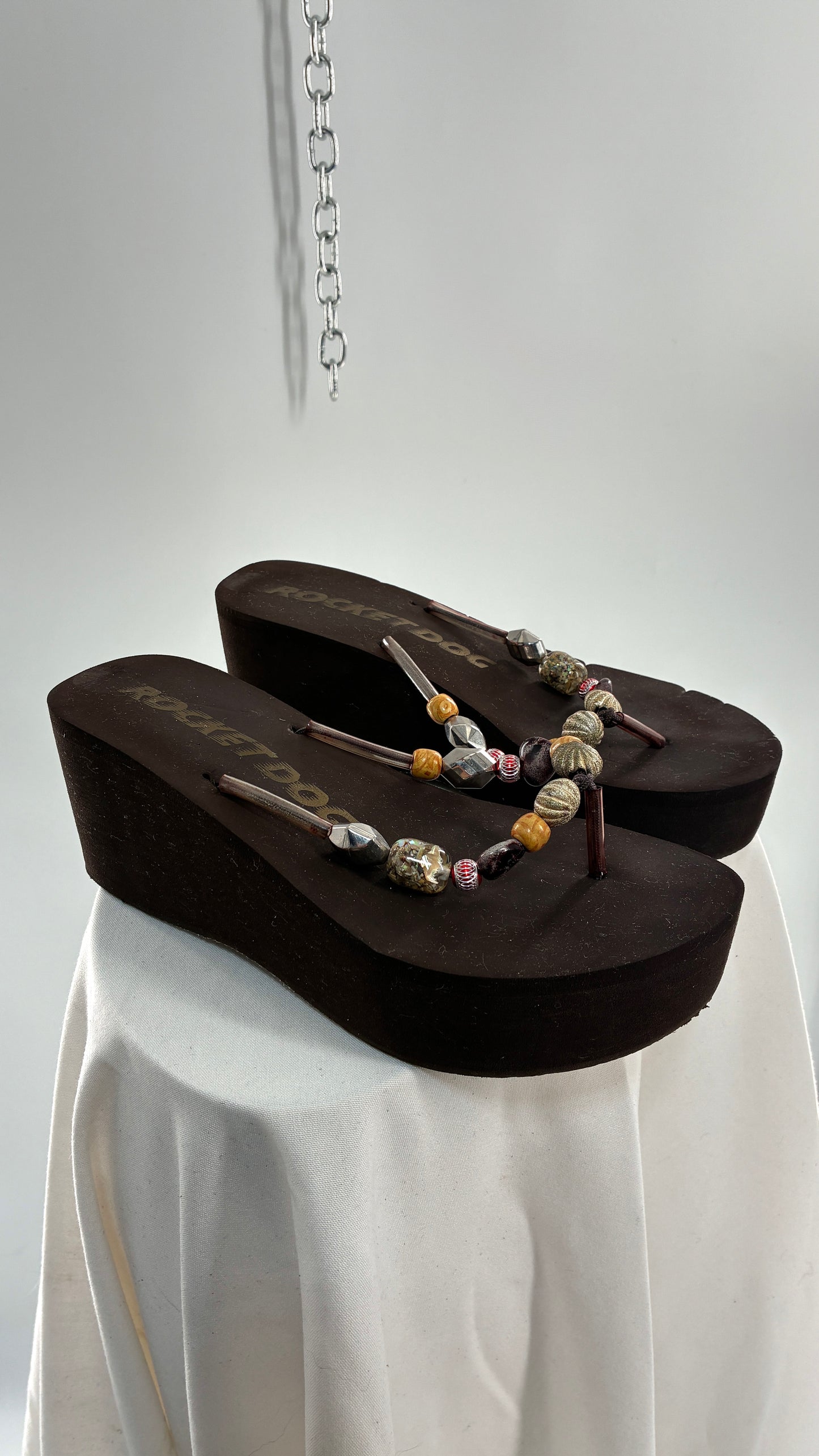 Vintage ROCKET DOG Brown Platform Sandals with Heavily Beaded Strap (9)