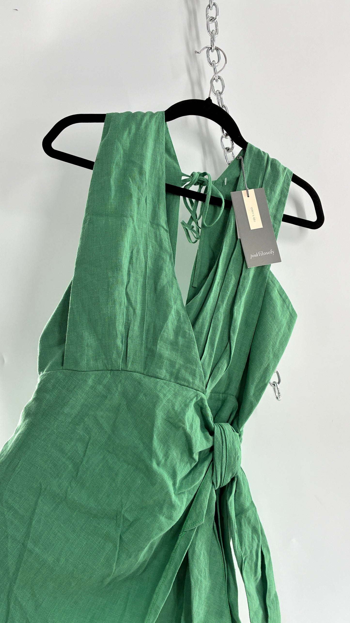 Pink Filosofy Masaru 100% Lino/Linen Green Tie Side Dress (Small)