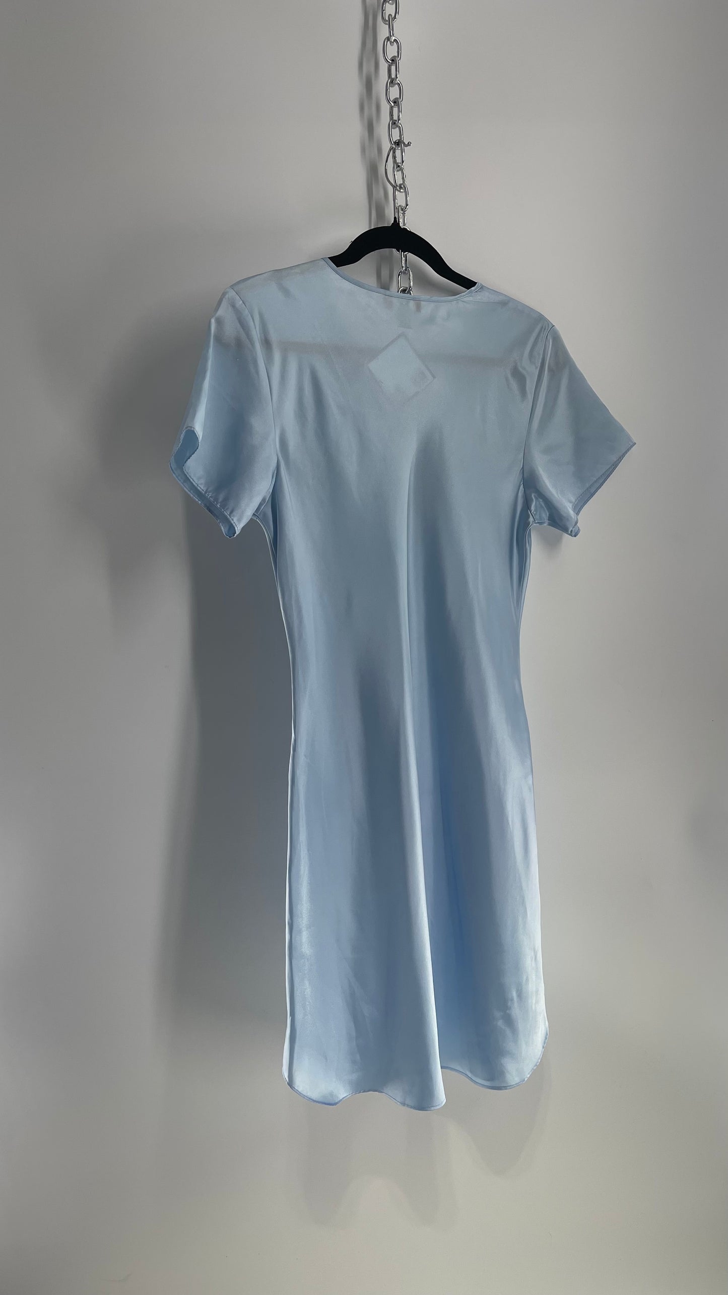 Vintage Bed of Roses Baby Blue Silky Dress with Lace Neckline (Medium)