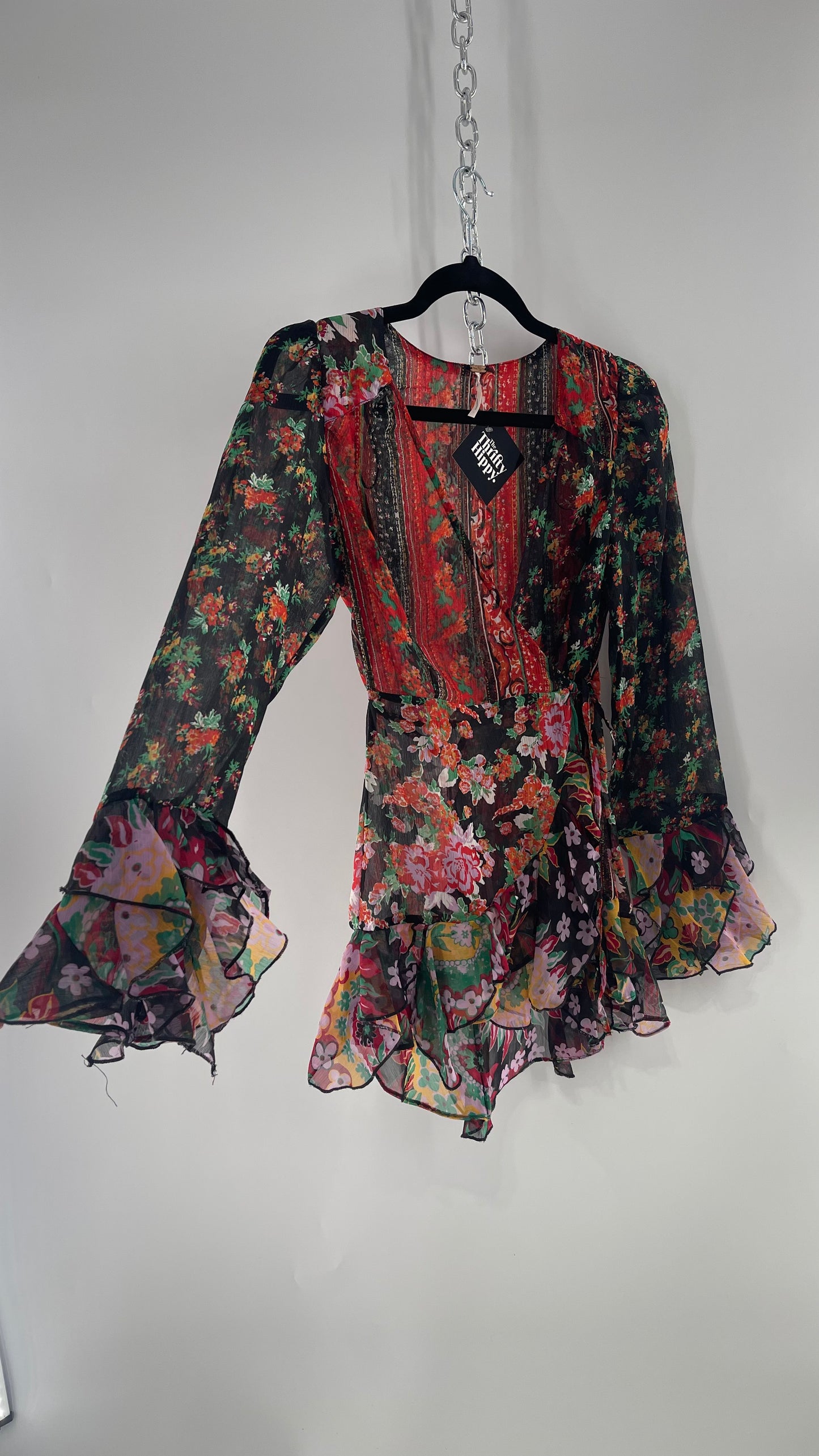 Free People Black Colorful Floral Tie Front Blouse with Ruffled Sleeves and Hem(XS)