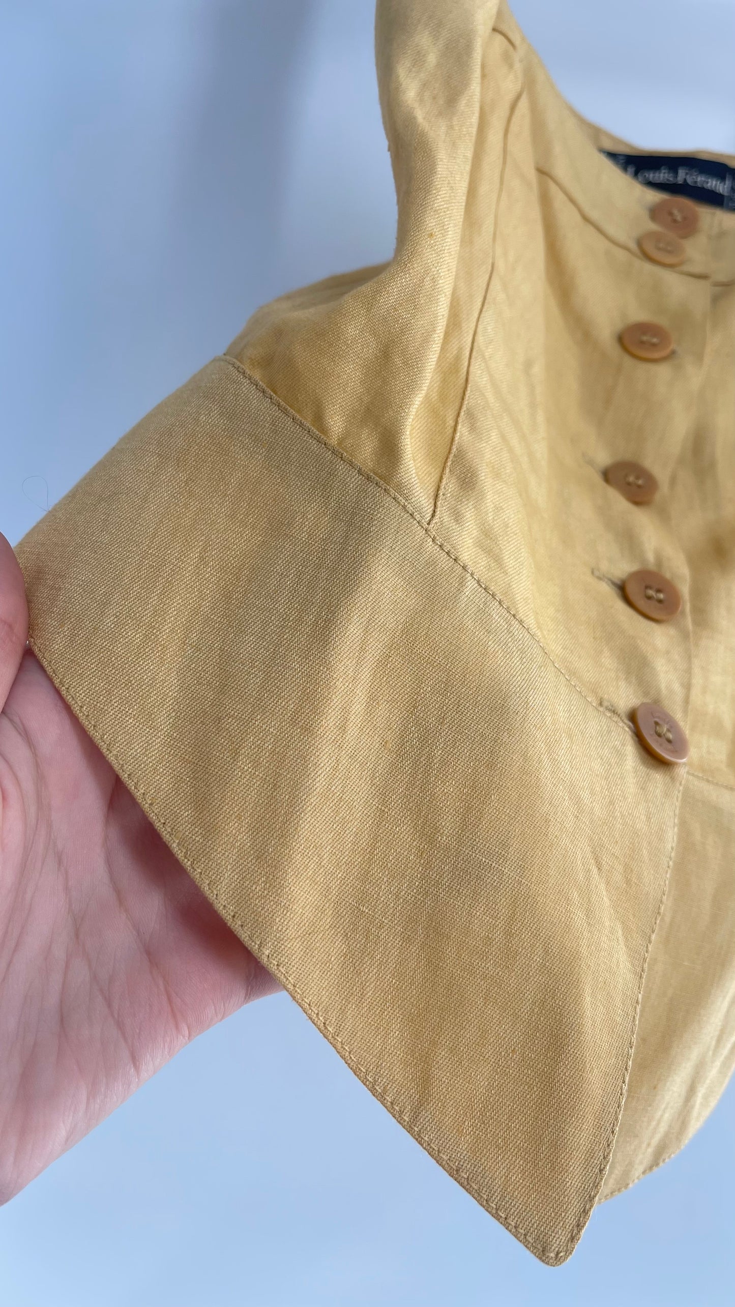 Vintage Louis Feraud 100% Linen Yellow Button Front Sleeveless Blouse and Embossed Buttons(4)