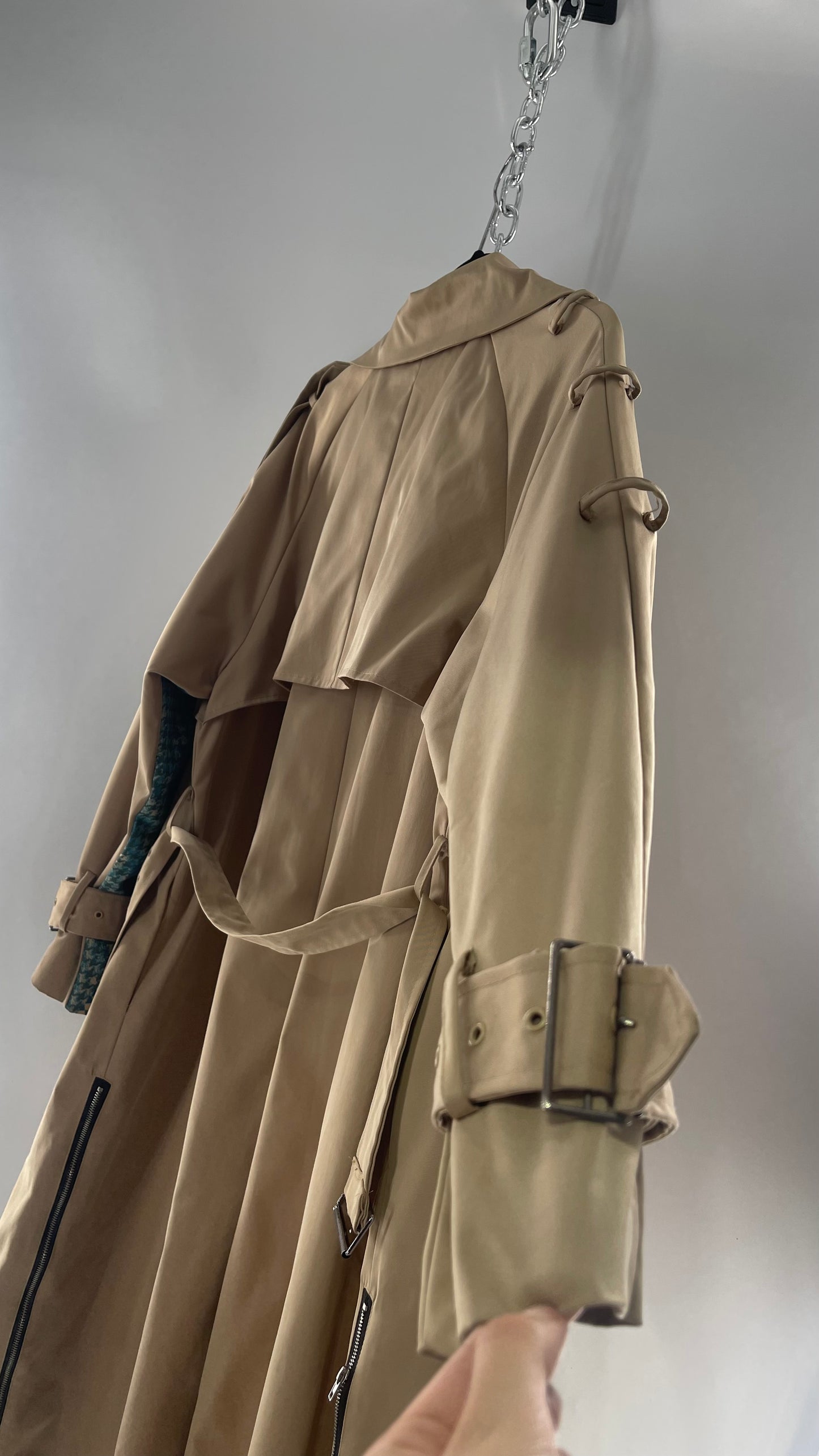 Tan Belted, Double Breasted Trench Coat with Plaid Colorful Graphics and Contrasting Black Zippers (C)(M)