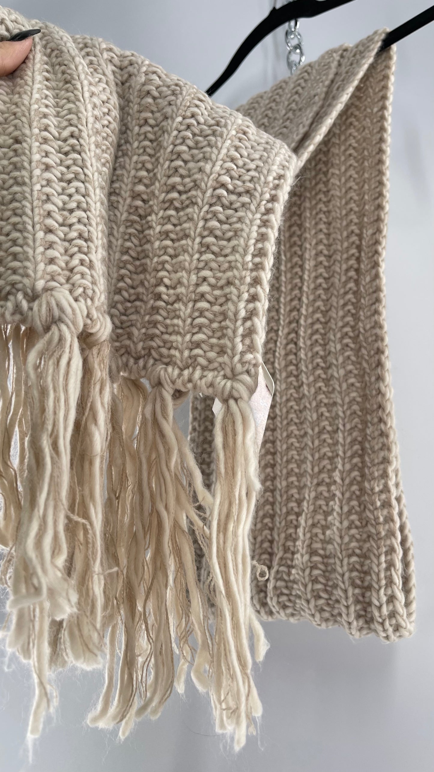 Beige Knit Skinny Scarf Ultra Long with Tassels