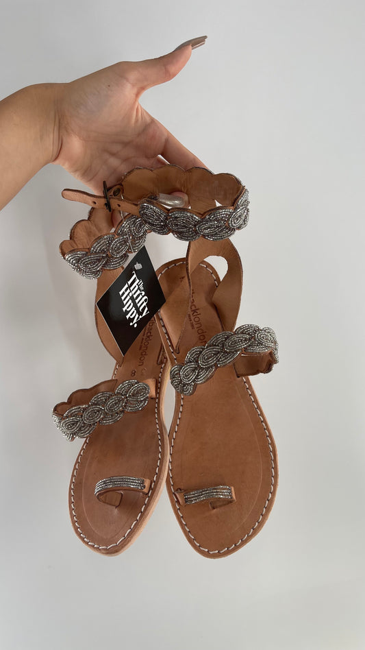 Free People Laidback London Handmade Sandals with Tan Leather Straps Covered in Silver Beaded Details (38)