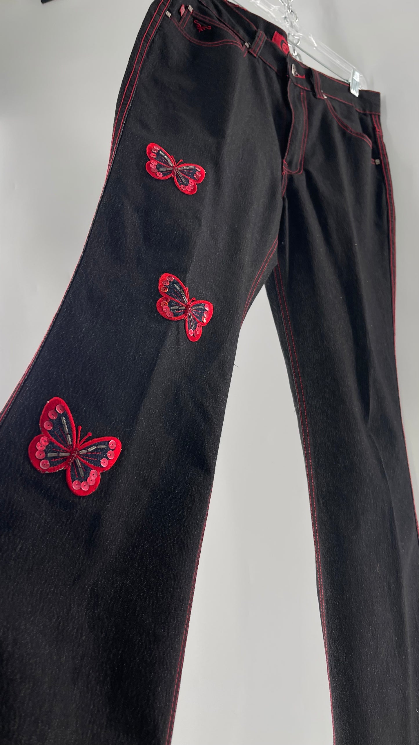 Rare Vintage Black Crest Jeans with Red Contrast Stitching and Butterfly Embroidery on Thigh and Back Pockets (14)