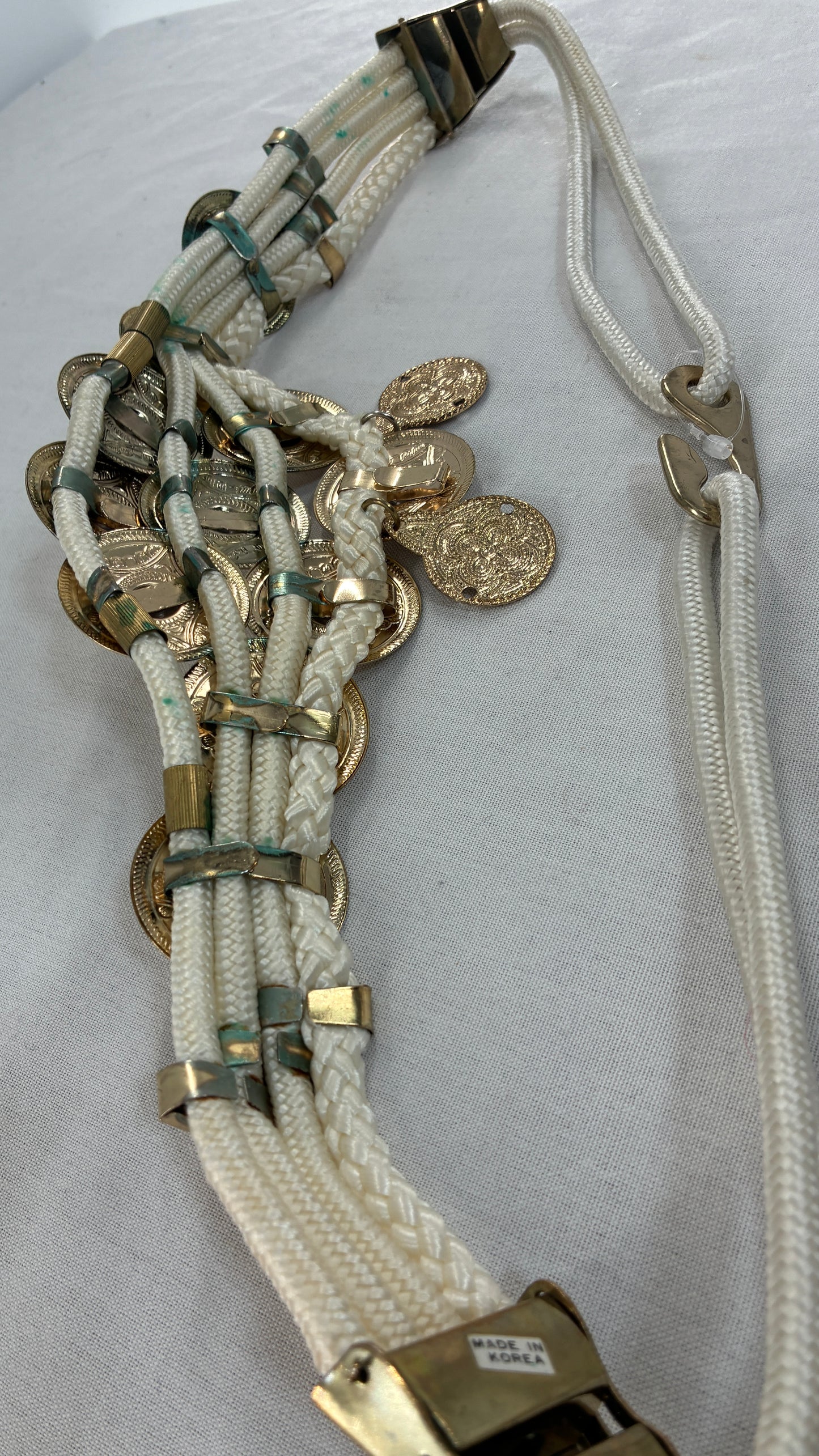 Vintage 1980s White Rope Belt with Gold Engraved Coins Made in Korea