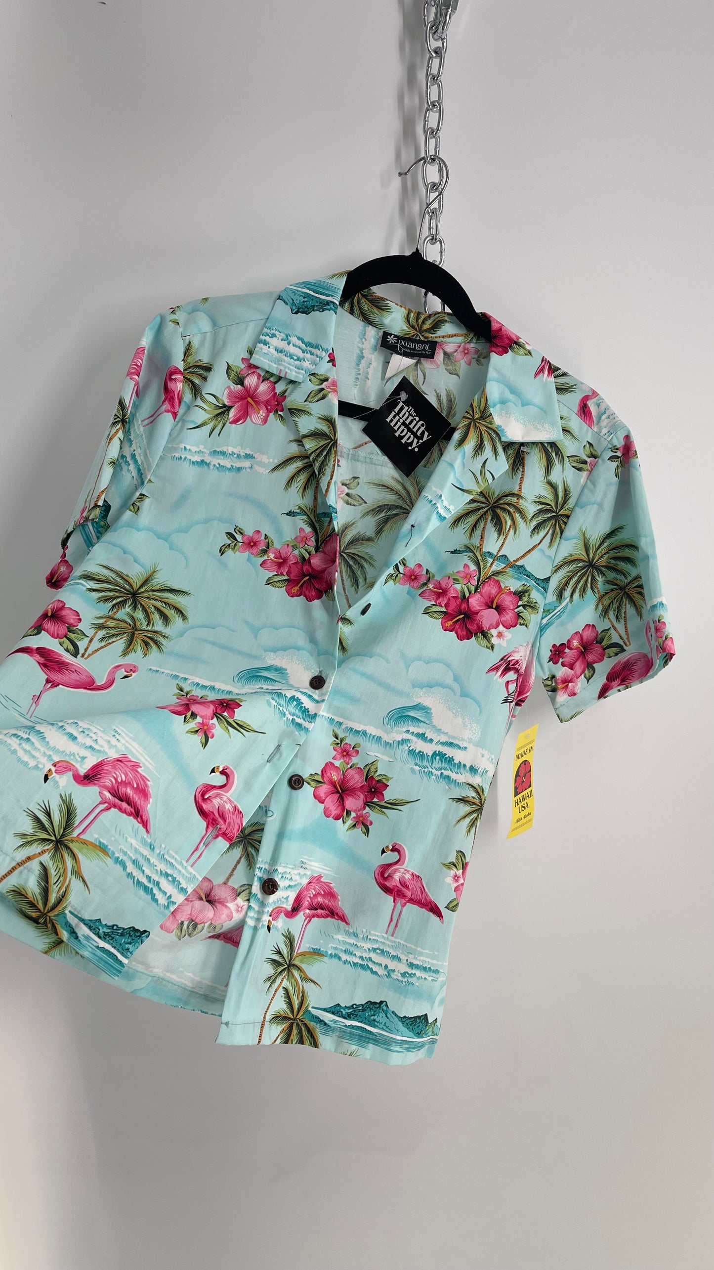 Deadstock Vintage Punani Hawaiian Men’s Flamingo, Tropical Button Front (Medium)