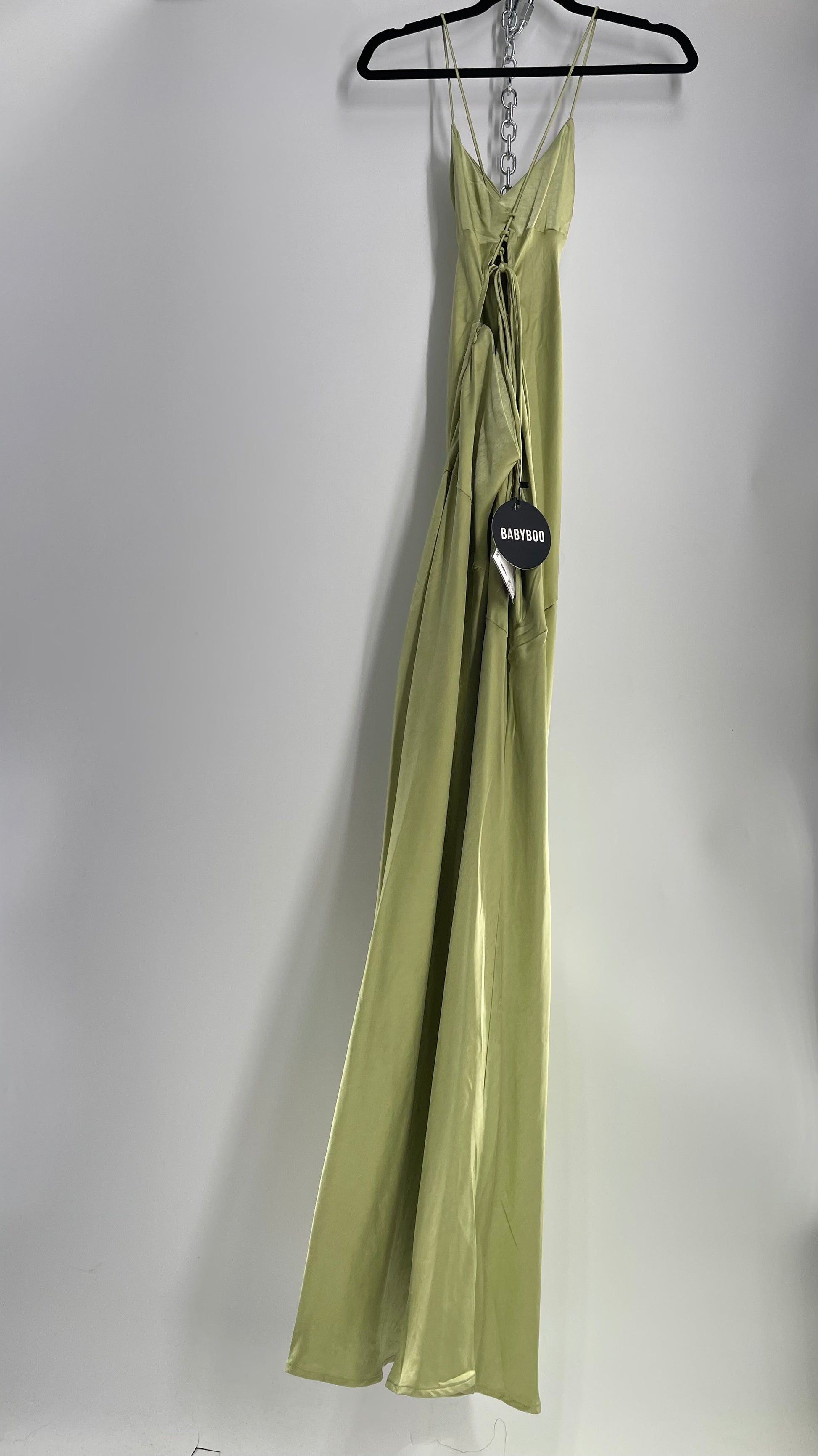 BABYBOO Isobel Sage Green Side Slit, Open Tie Up Back Gown (M) – The Thrifty Hippy BABYBOO Isobel Sage Green Side Slit, Open Tie Up Back Gown (M) – The Thrifty Hippy