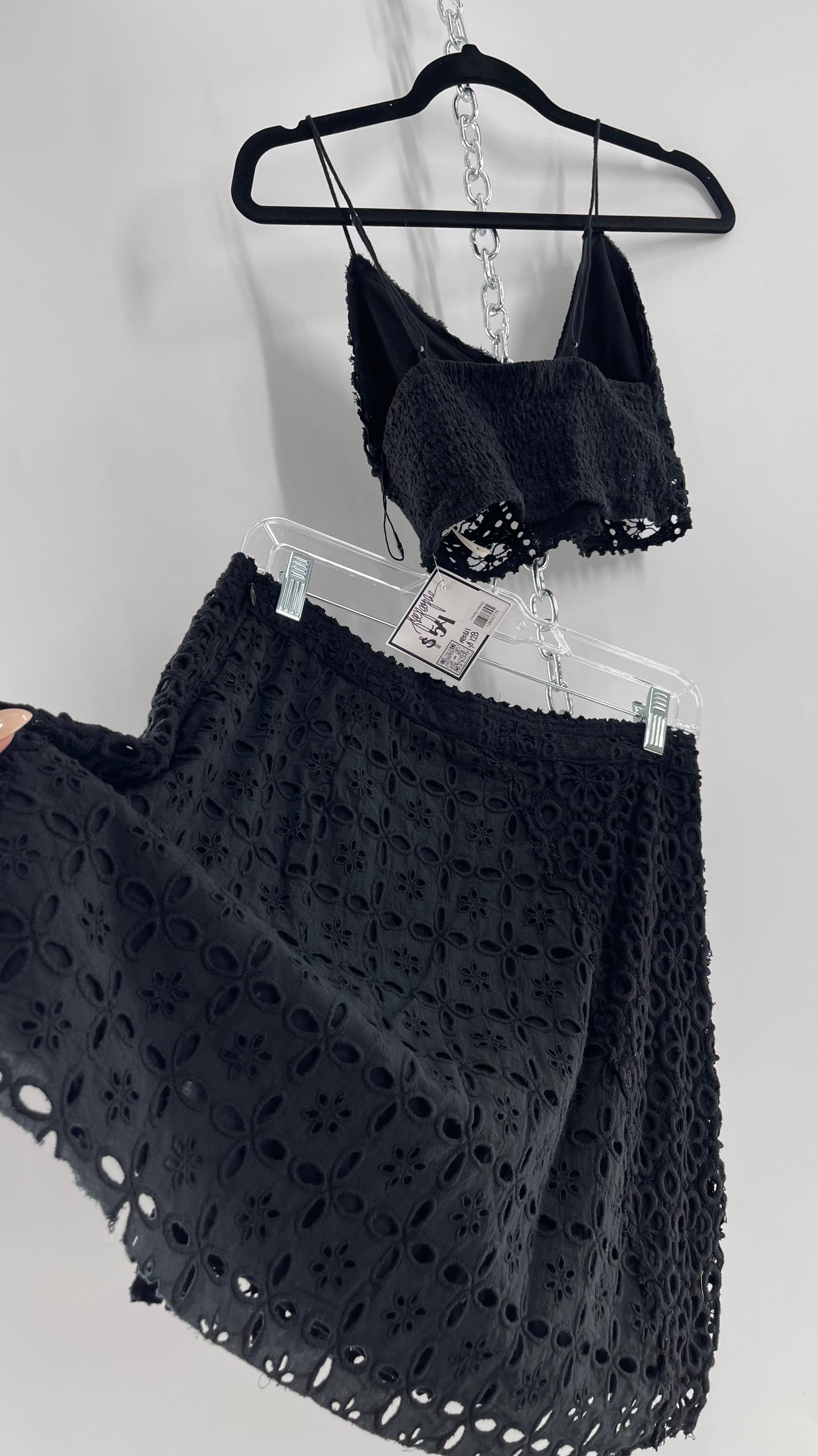 Free People Black Eyelet Lace Mini Skirt and Bustier Set (6)