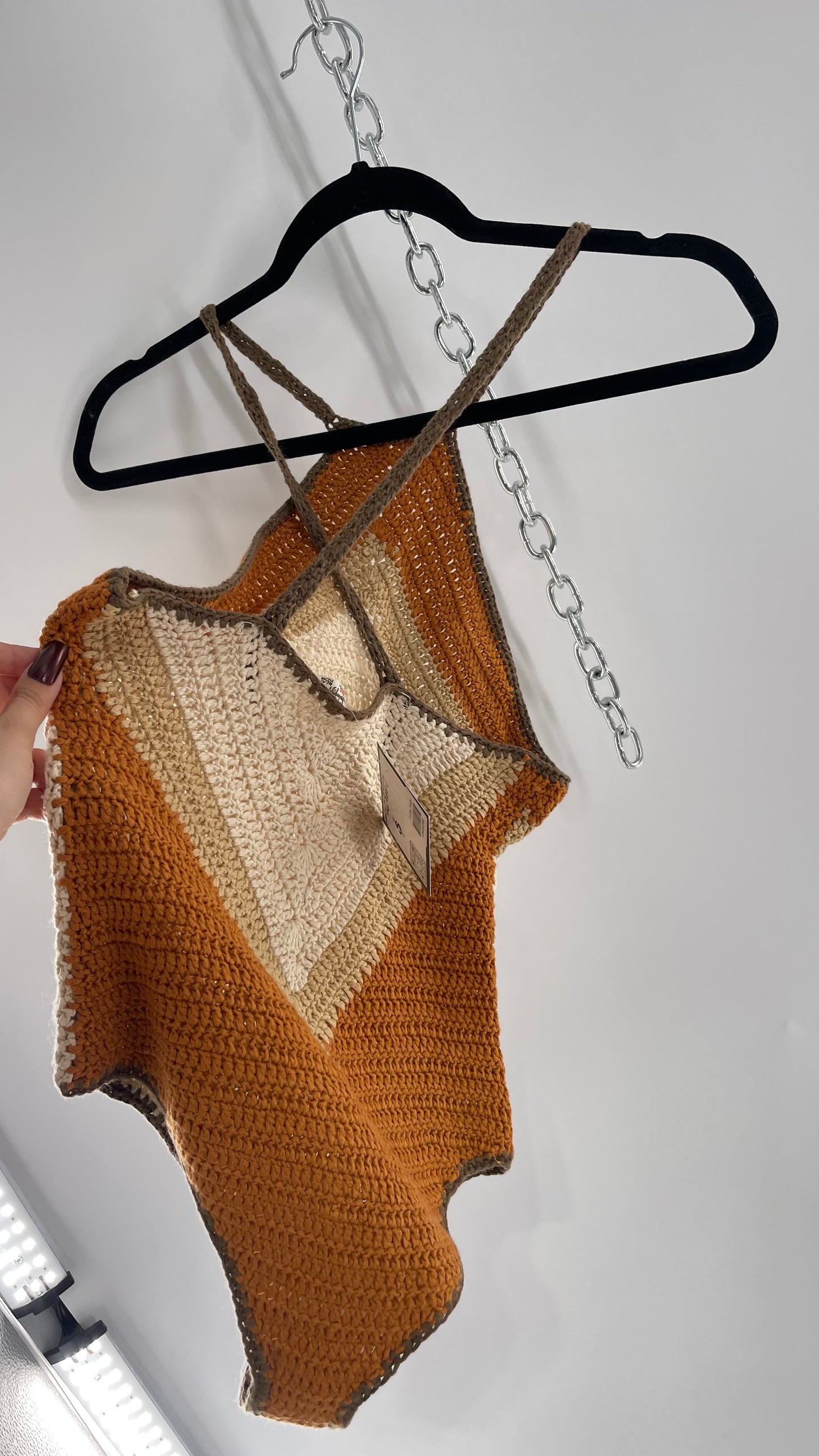 Intimately Free People Brown, Beige, Orange Crochet Knit Bodysuit (XS)