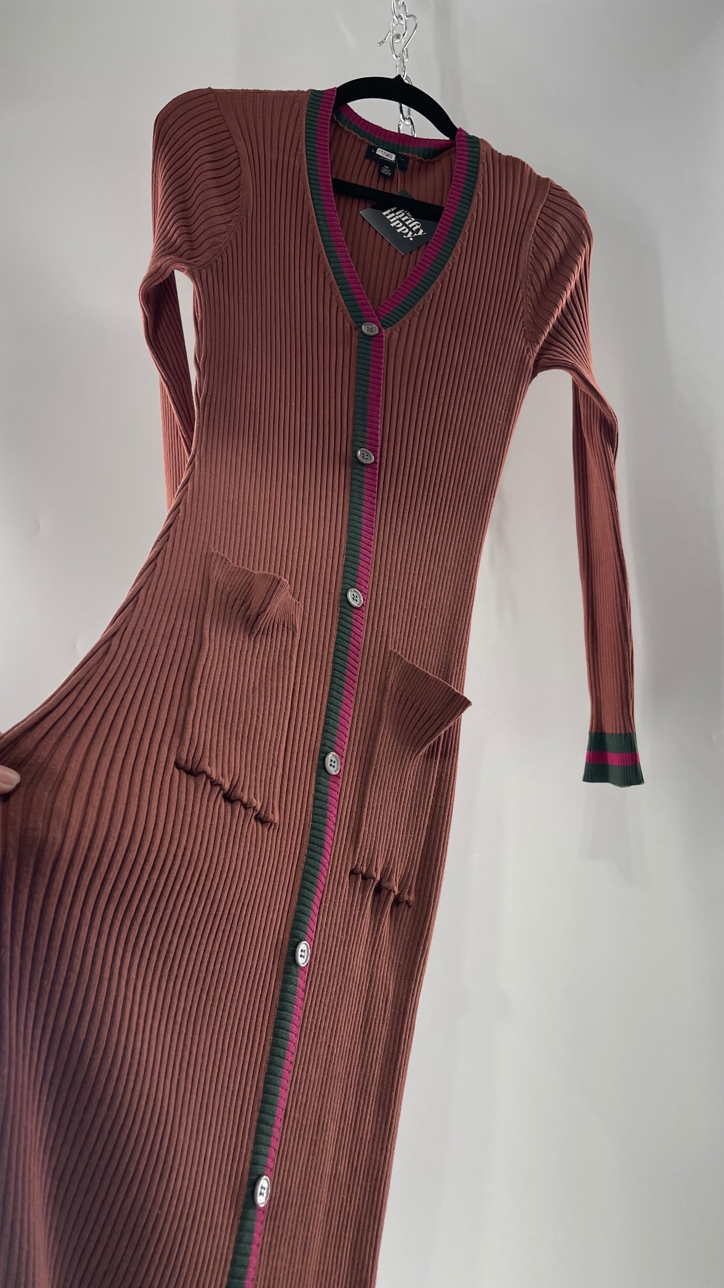 Current Air Los Angeles Brown Ribbed Knit Long Sleeve Button Front Dress with Fuchsia and Forest Green Striping (XS)