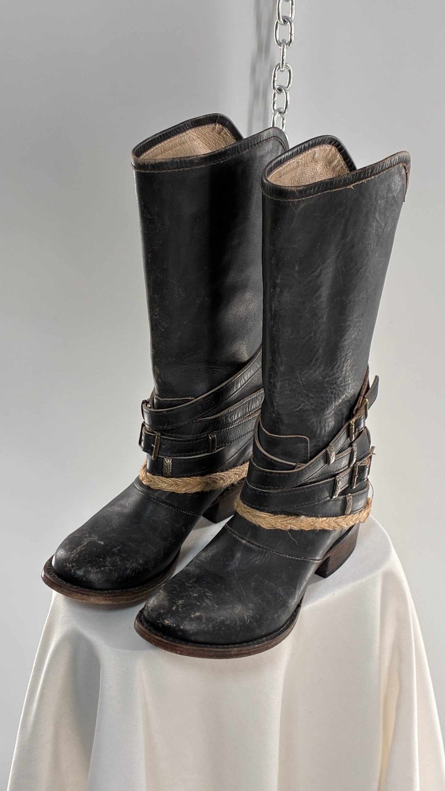 Vintage FREEBIRD Drove Distressed Black Leather Boot with Buckle Detailing (8)
