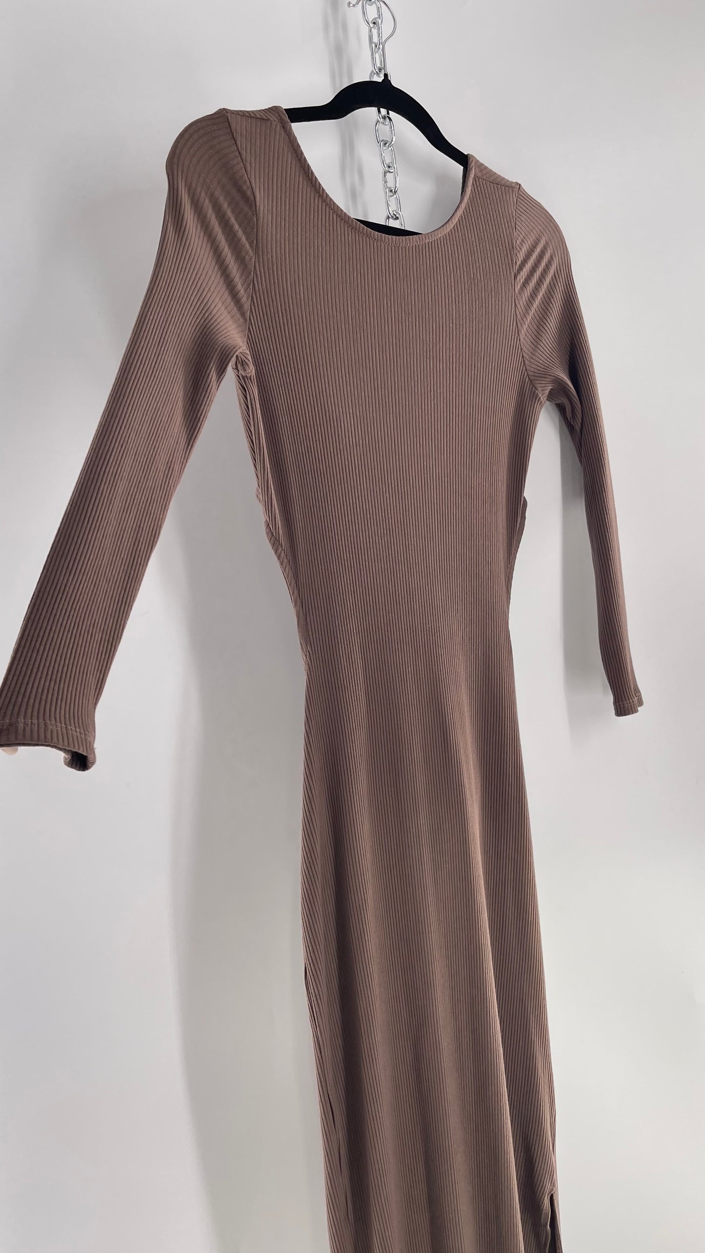 Free People Brown Ribbed Maxi Dress with Low Open Back and Dramatic Tie Detail (Large)