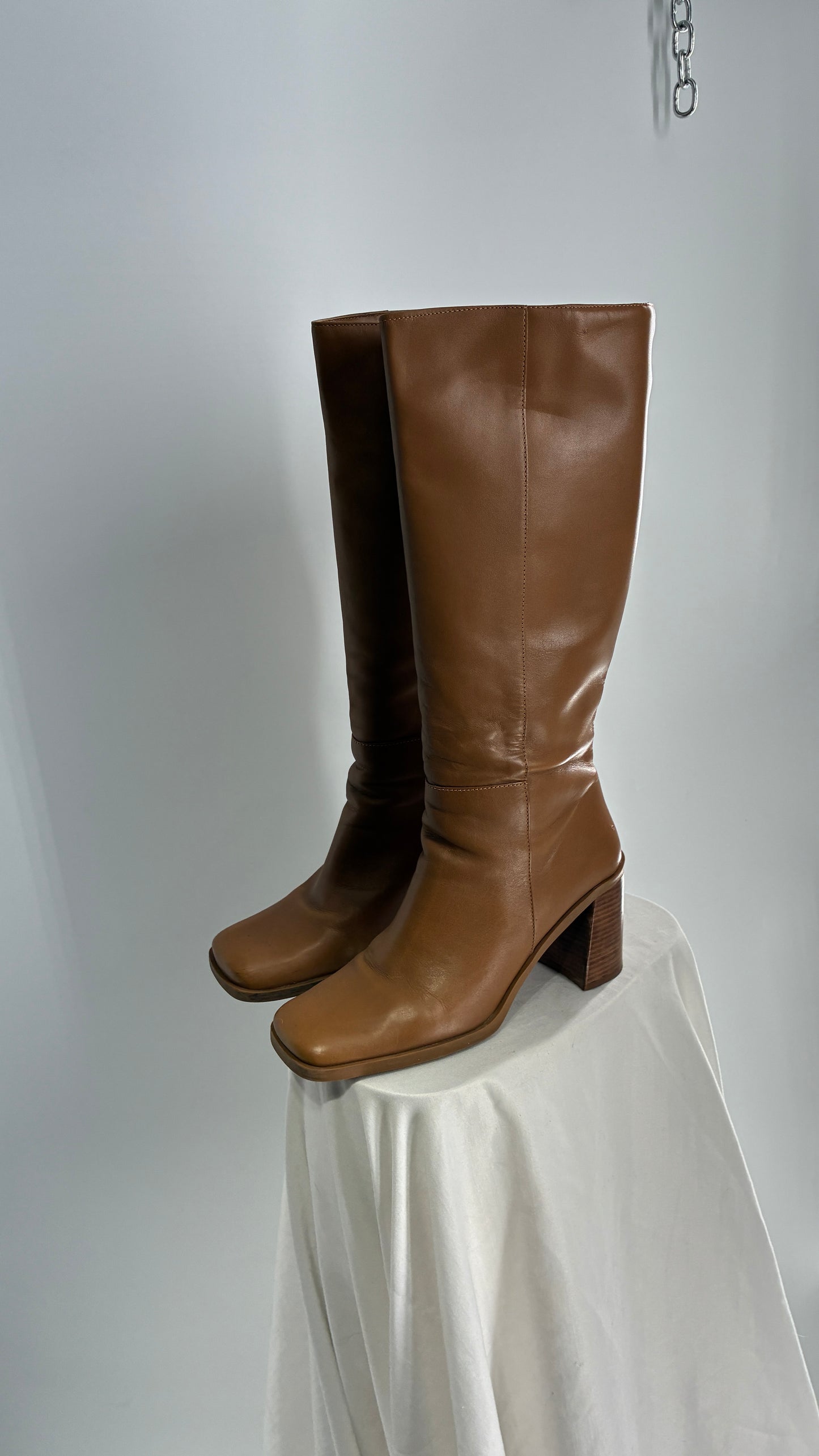 Vintage Strive Genuine Leather Square Toe Knee High Boots with Chunky Block Heel Made in Uruguay (9.5)