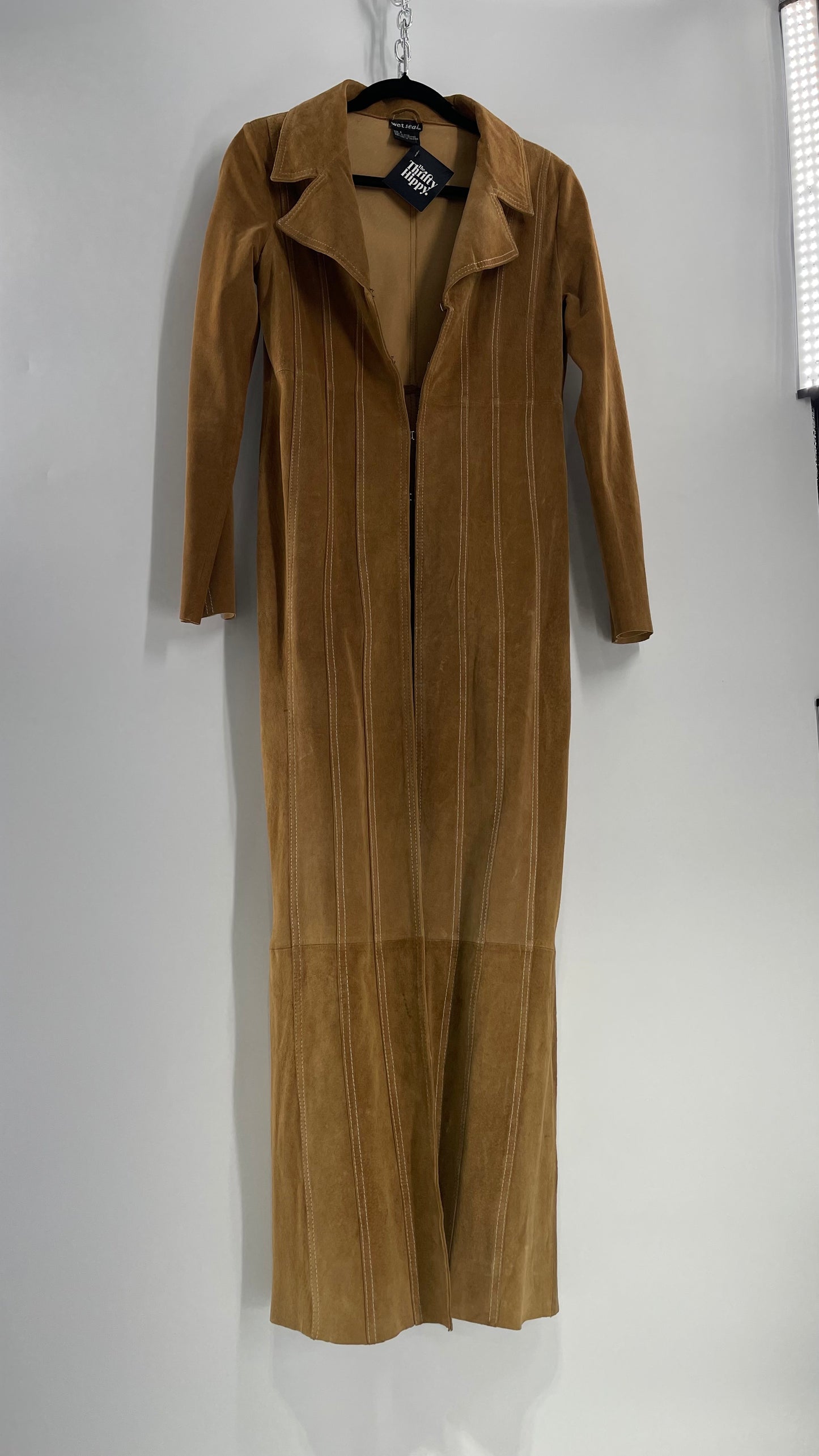 Vintage Wet Seal Full Length Paneled Tan Leather Sweeping Coat (Small)