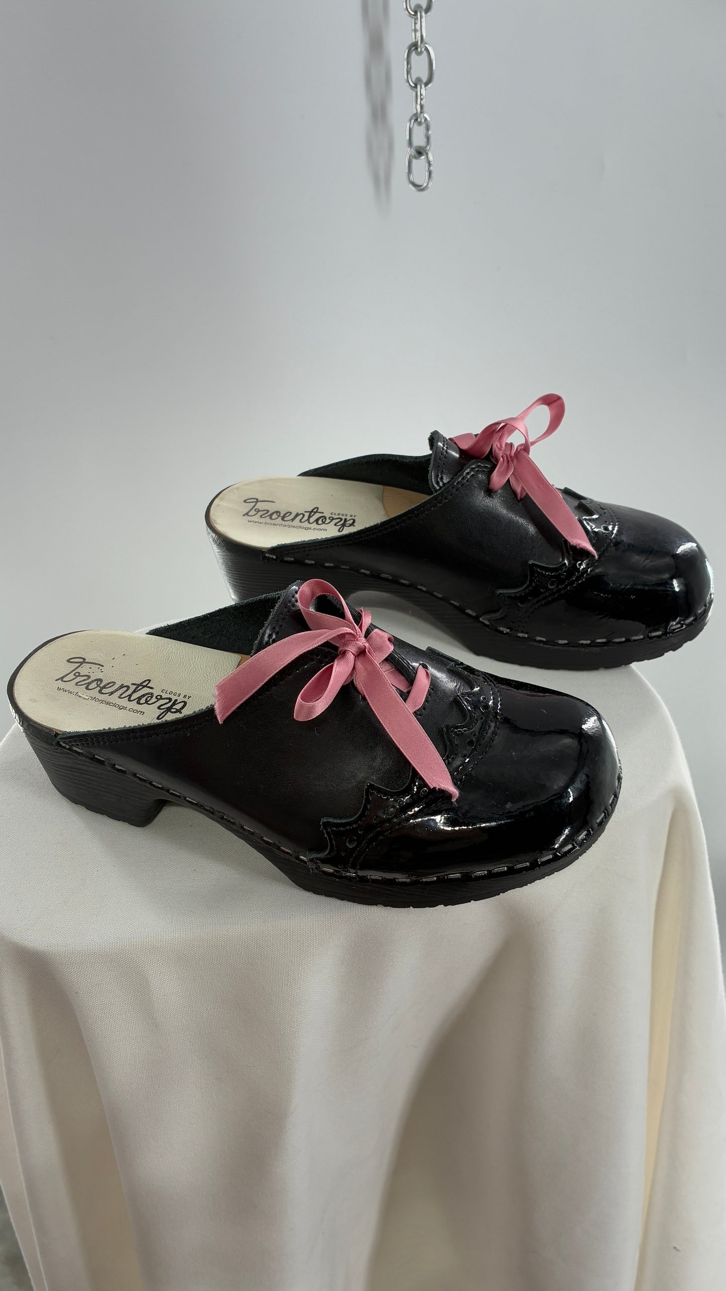 Vintage 1970s TROENTORPS Black Patent Leather Clogs with Ribbon Tie Detail (38)