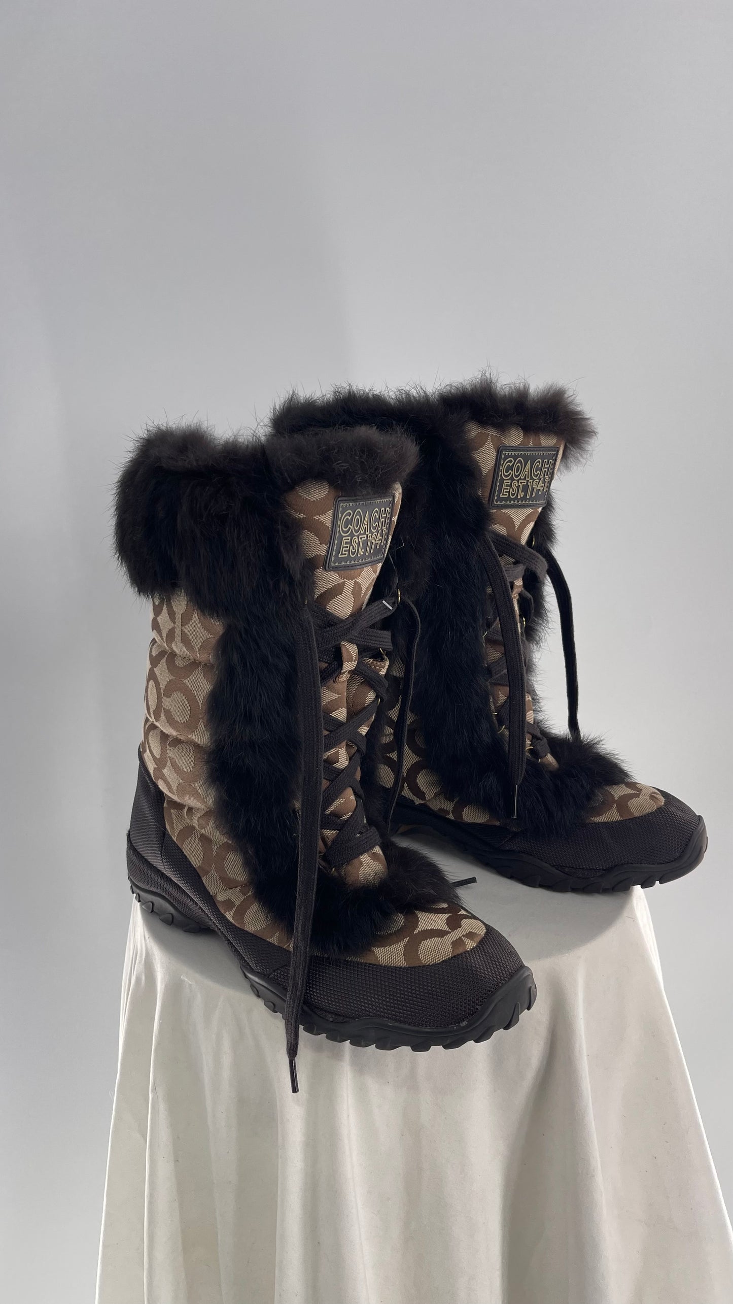 COACH Jennie Signature Quilted All Over Monogram Print Winter Boot with Rabbit Fur Trim (9)