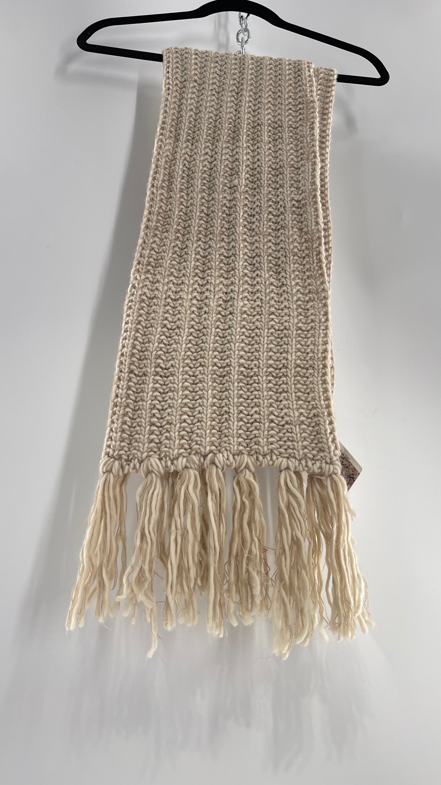 Beige Knit Skinny Scarf Ultra Long with Tassels