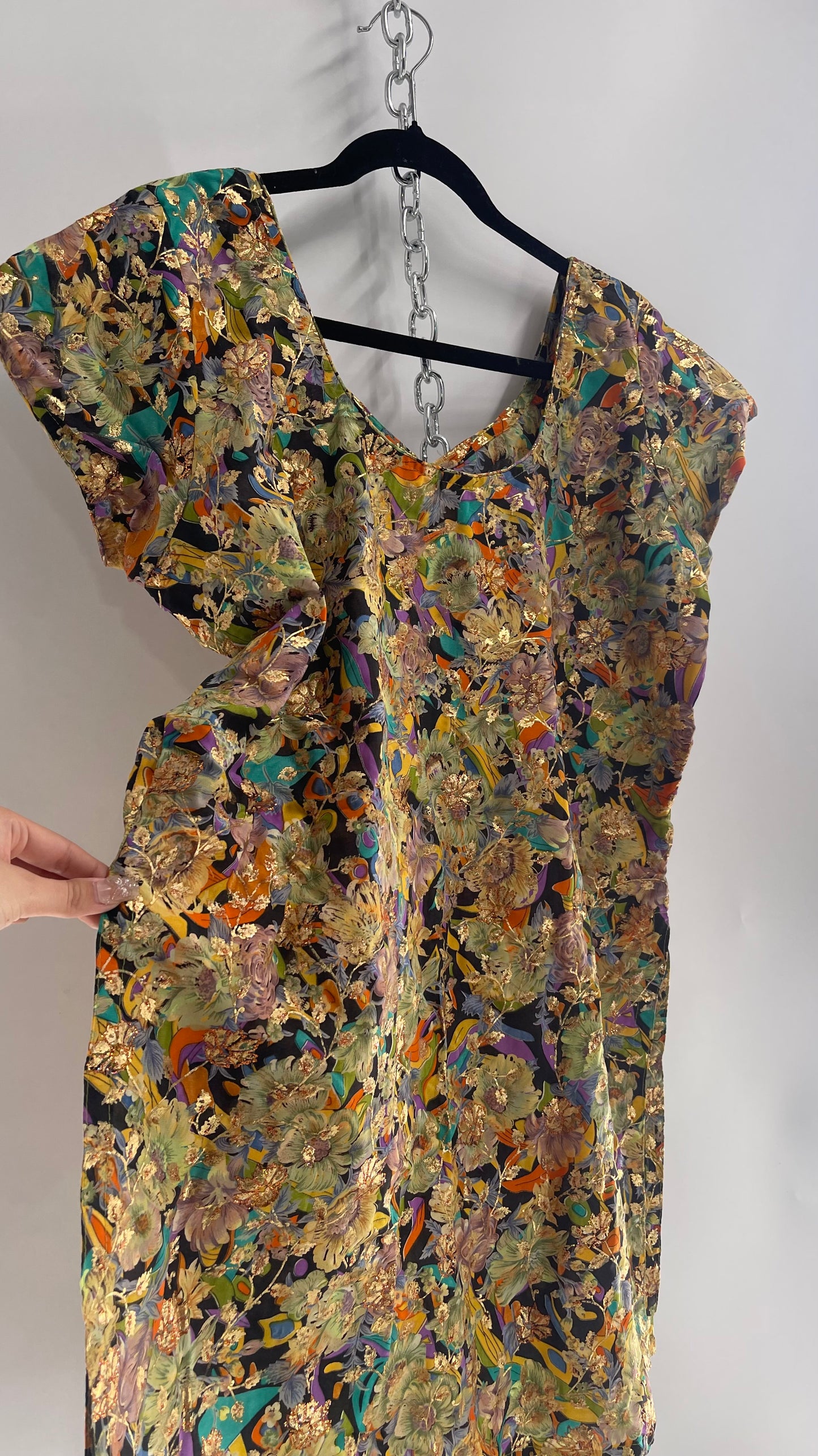 Vintage Imported Contrasting Floral Side Slit Tunic Silk with Hand Painted Glitter Details (Medium)