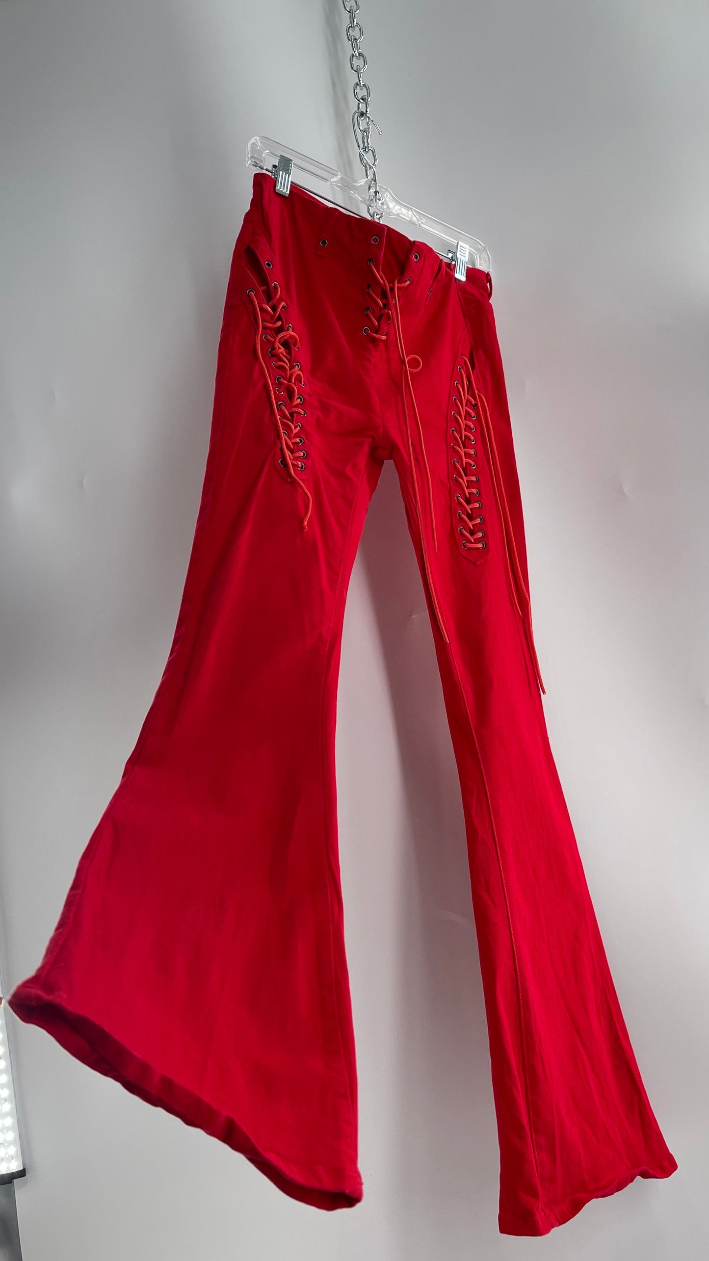 Edikted Rockstar Red Kick Flare Bell Bottoms with Lace Up Thigh and Waistline Detail (Large)