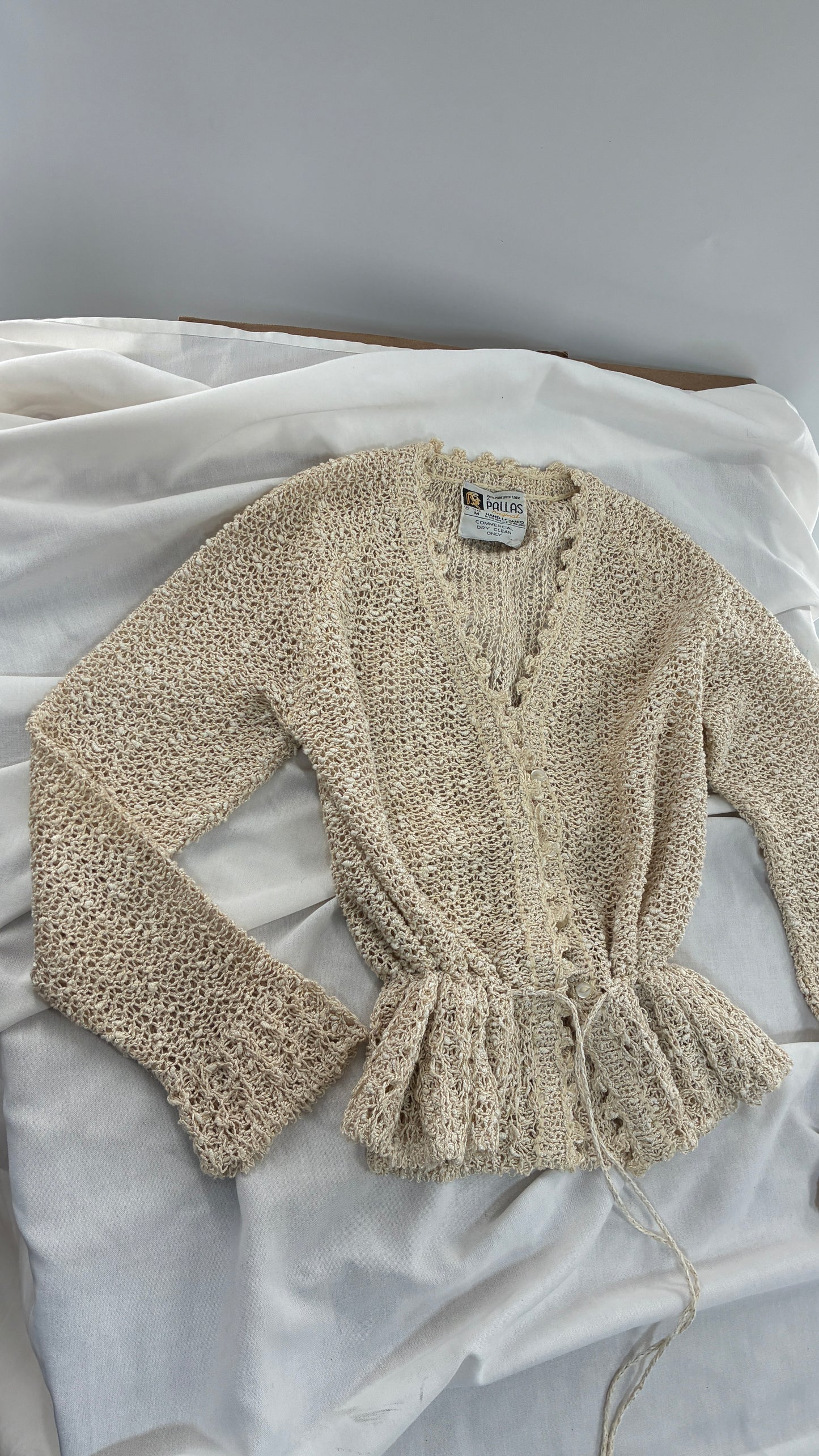 Vintage 1970s PALLAS 100% Pure Irish Linen Hand Loomed Cinched Cardigan (Medium)