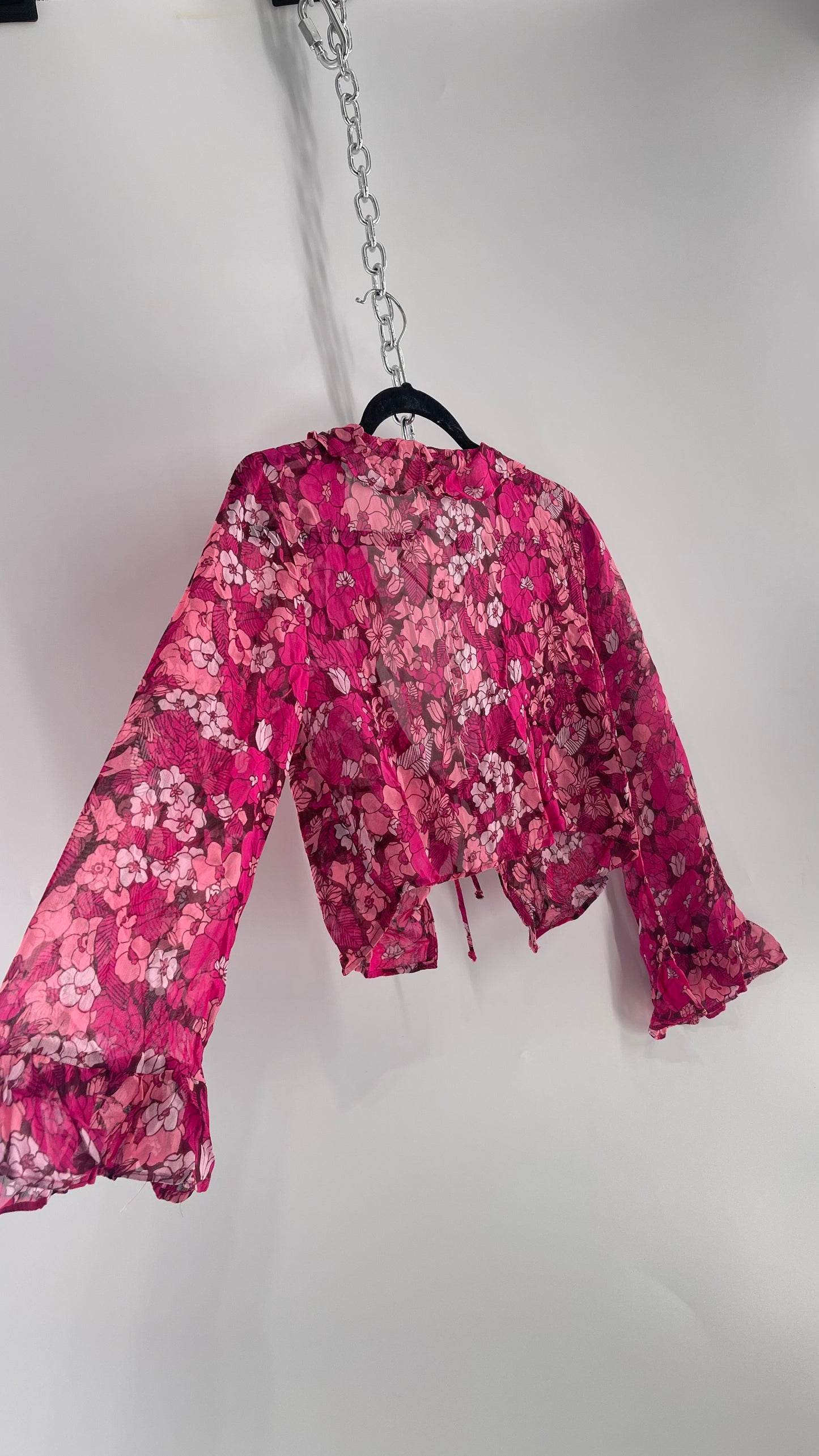 Urban Outfitters Fuchsia 100% Viscose Floral Tie Front, Ruffled Blouse