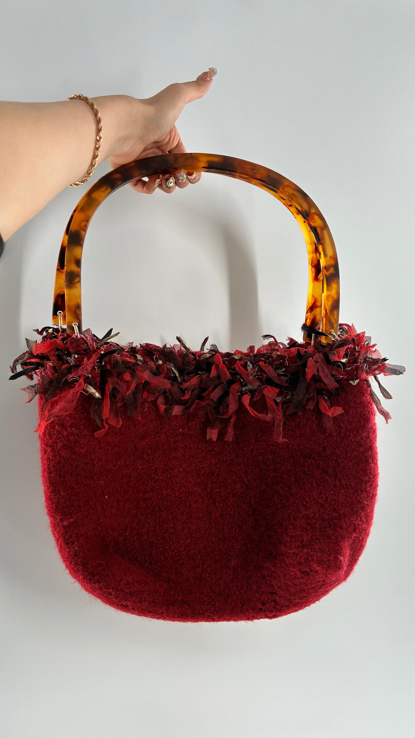 Vintage Handmade Handwoven Red Bag with Tags, Fringe Detailing and Tortoise Shell Handle