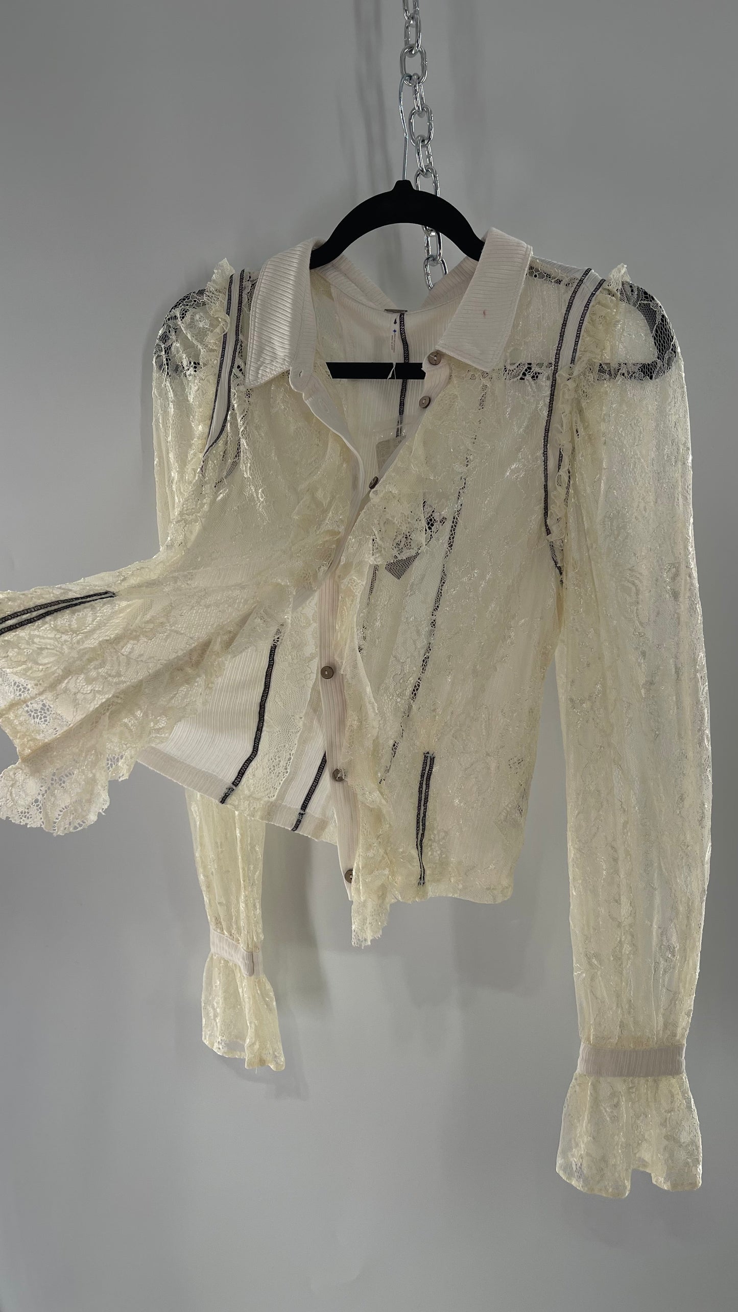 Free People White Lace/Ribbed BodyCon Button Up with Tags Attached (Large)