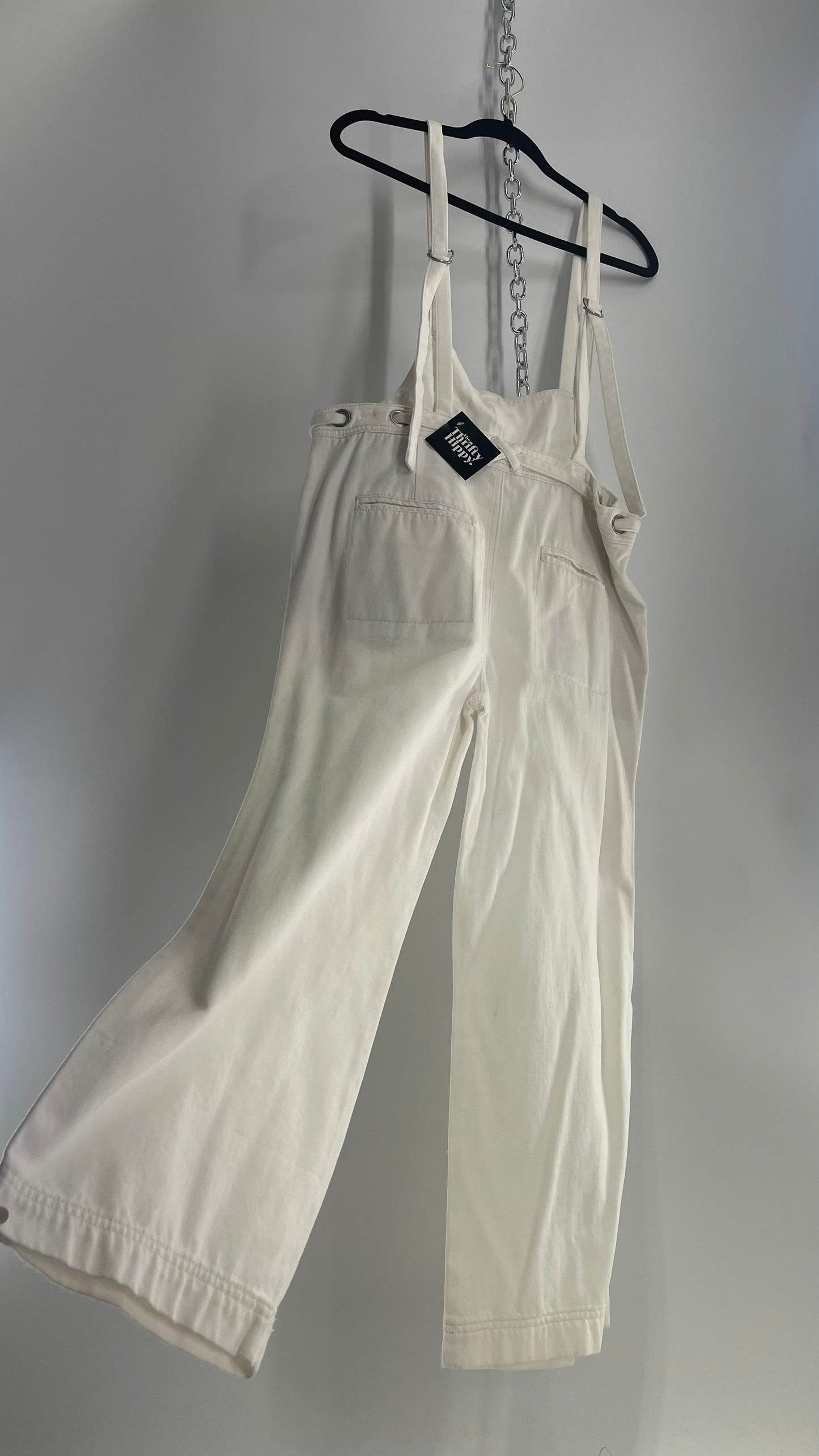 Free People White Denim Jumpsuit with Low Front and Open Back (Small)