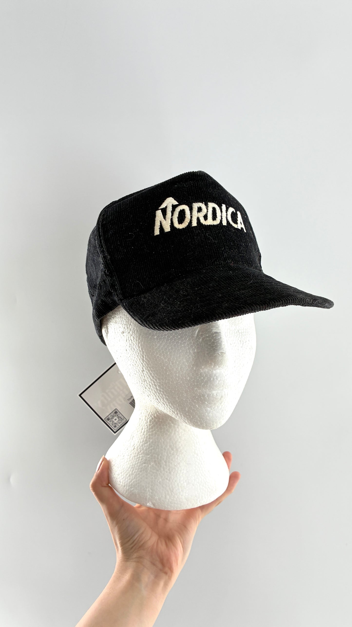 Vintage 1980s NORDICA Sportswear Black Corduroy Embroidered SnapBack Hat