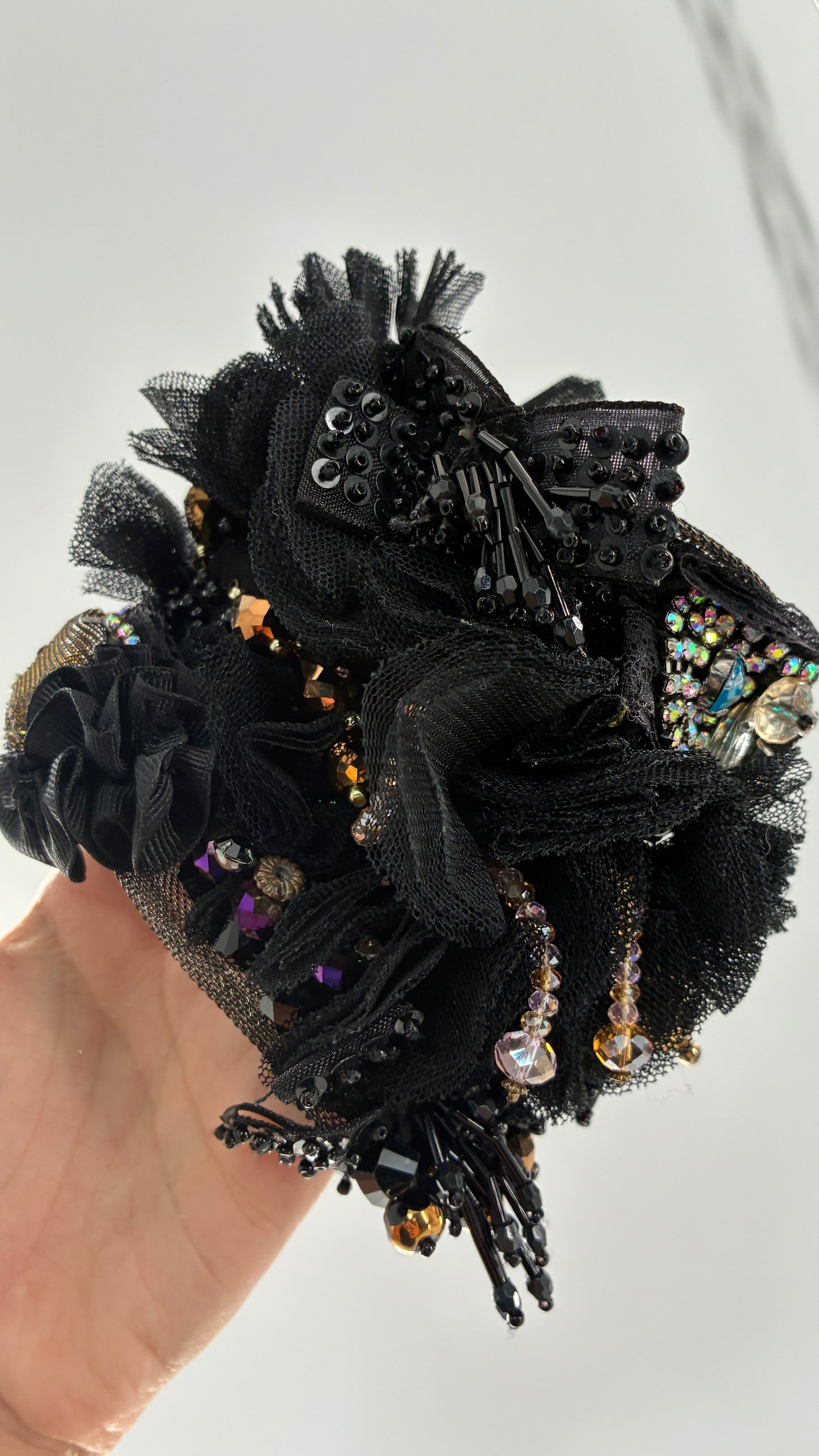 Vintage Black Tulle Jeweled Maximalist Statement Cuff Bracelet