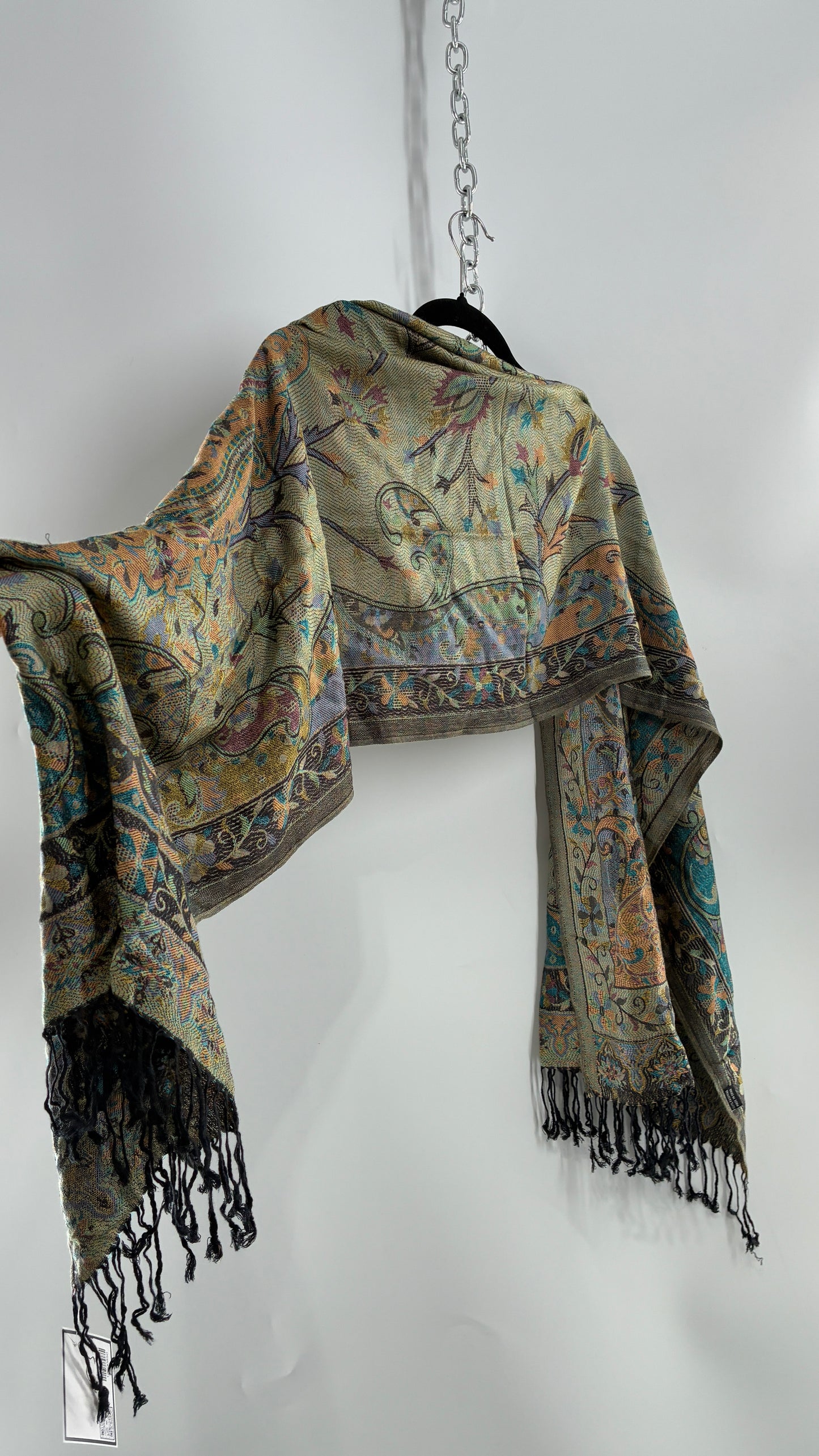 Vintage Pashmina Green Paisley Fringe Scarf