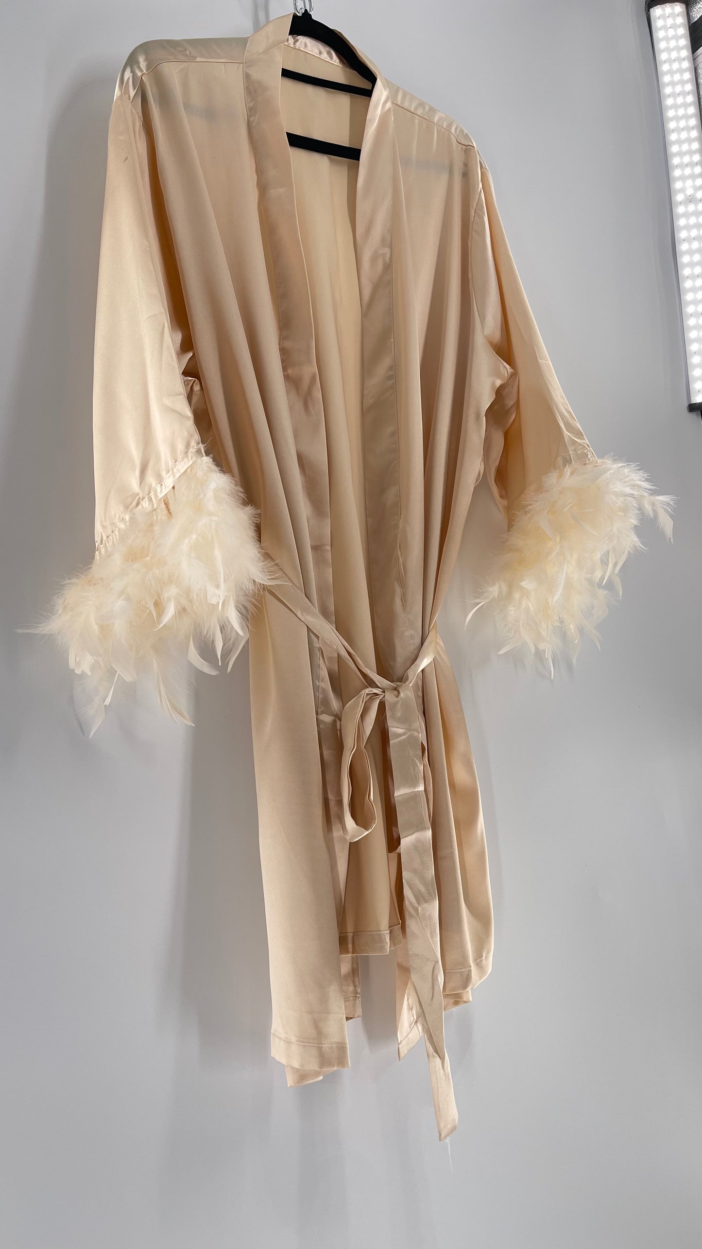 Champagne Satin Loungewear 2piece Set with Ostrich Feather Trim (3XL)