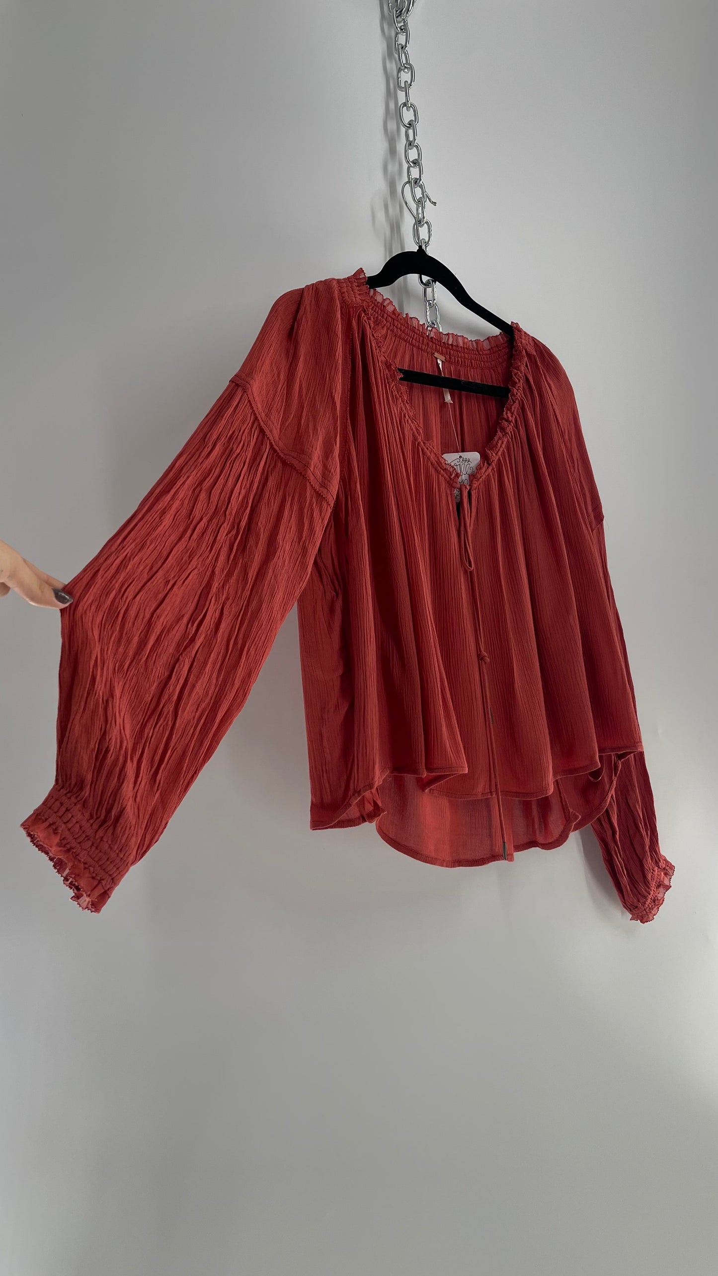 Free People Rust/Coral Toned Pirate Blouse with Adjustable Neckline with Tags Attached (XS)