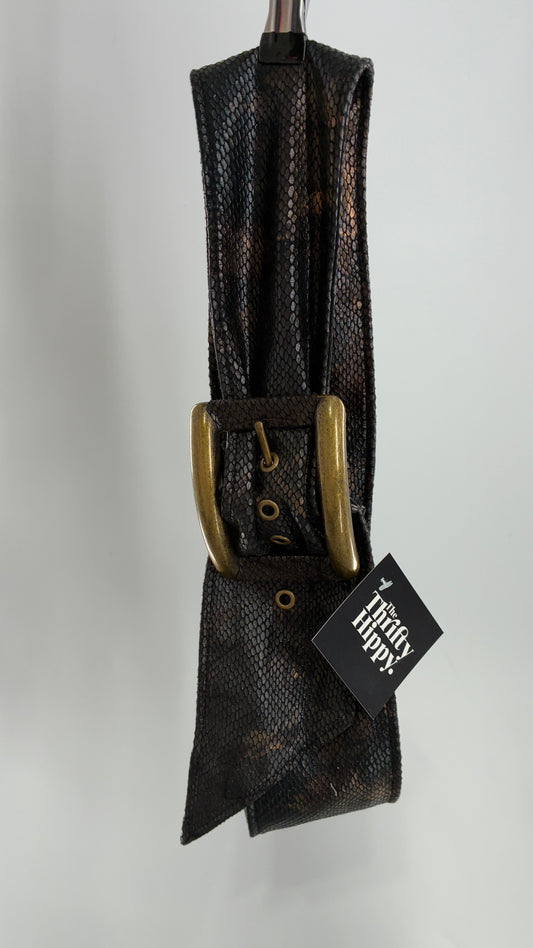 Vintage Snake Skin Patterned Wide Belt with Gold Brass Oversized Buckle (Large)