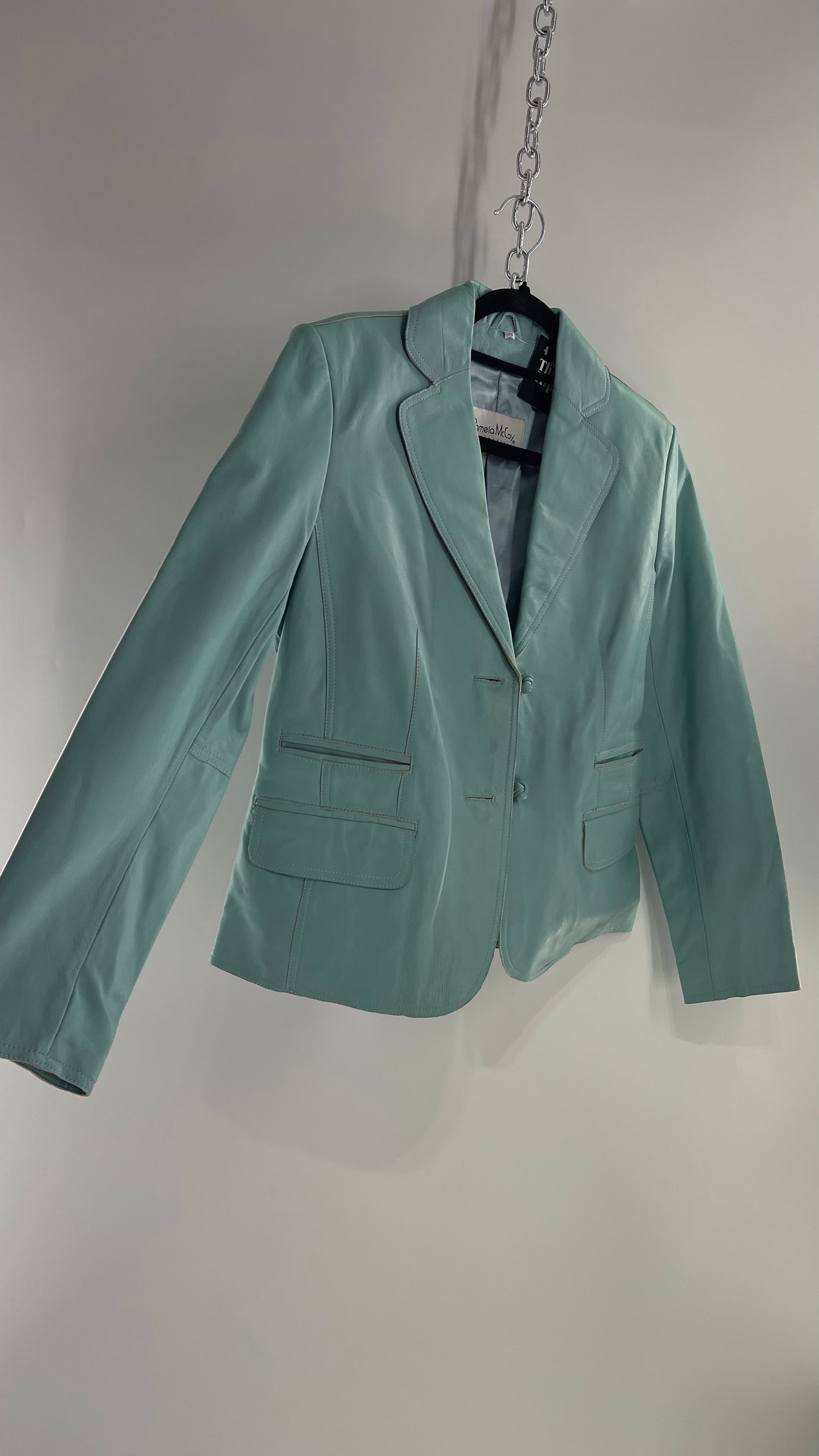 Vintage 1990s Pamela McCoy Eggshell/Tiffany Blue Leather Blazer Jacket (XS)