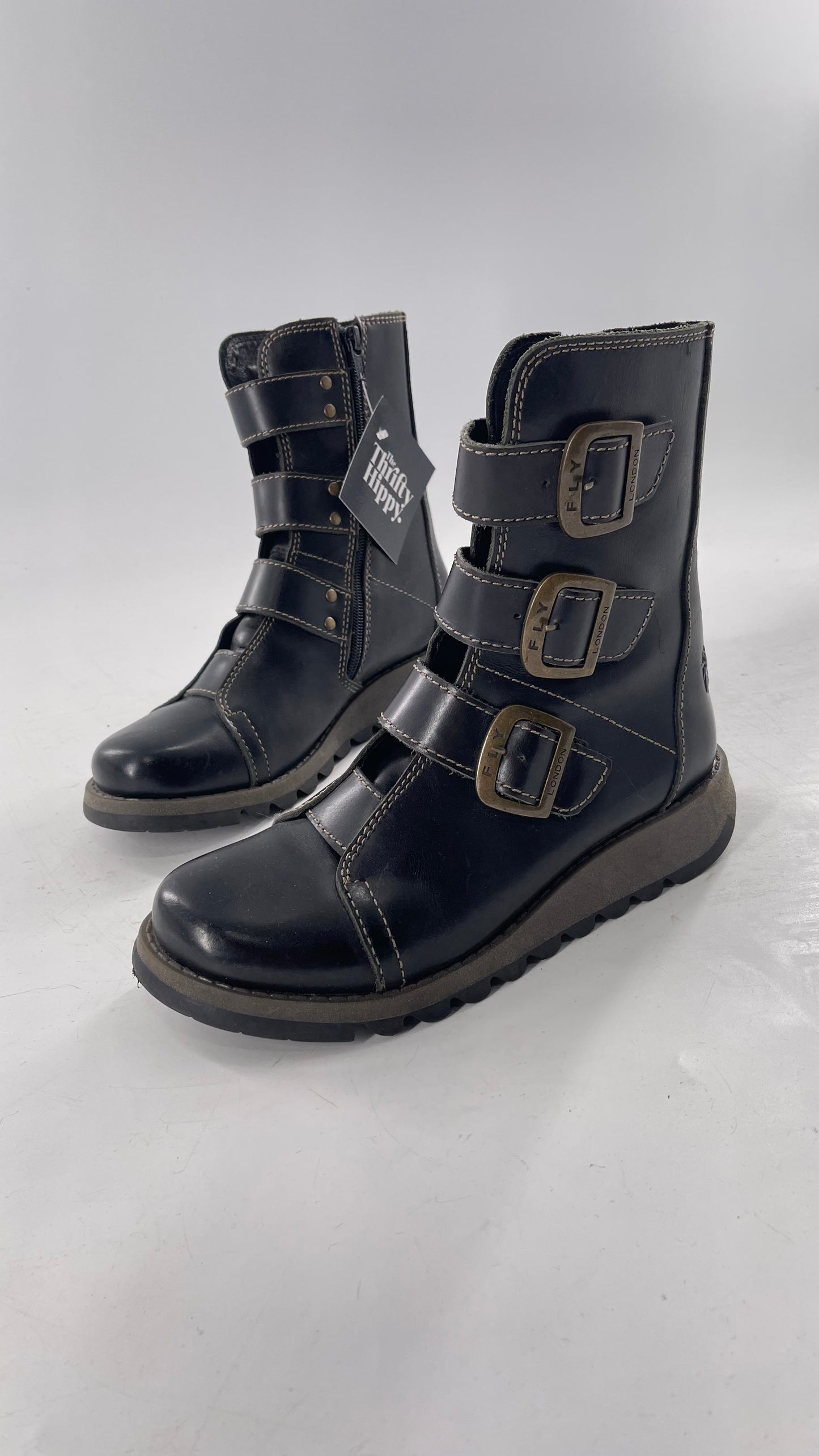 Fly London Black Zipper Side Biker Boot with Oversized Brass Buckles (38)