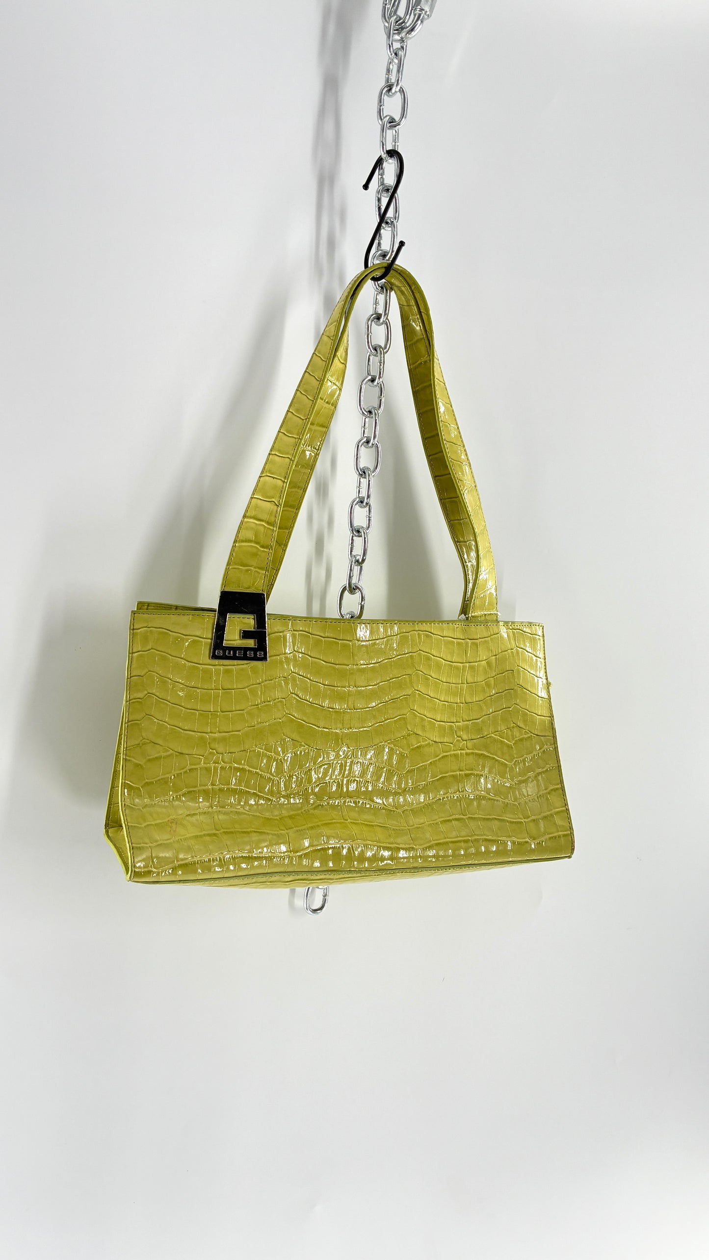 Vintage 1990s GUESS Lime Green Shoulder Purse with Metal Logo Buckle