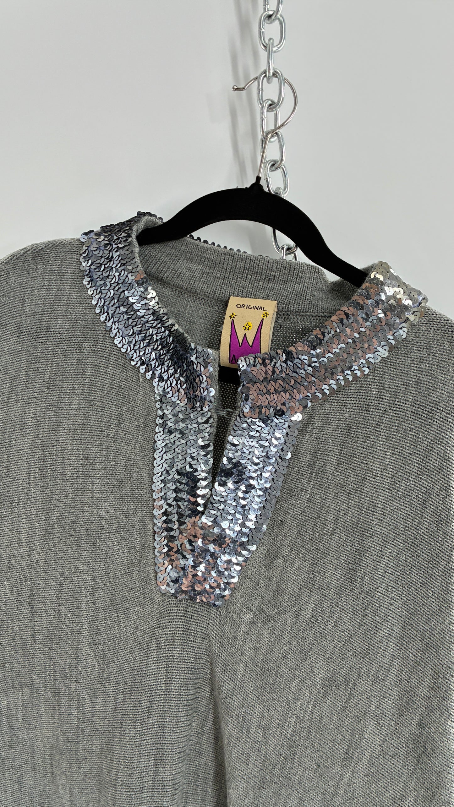 Vintage Original Anthony Gray Knit Poncho with Sequin Neckline and Sleeve Detail (Women’s Petite)