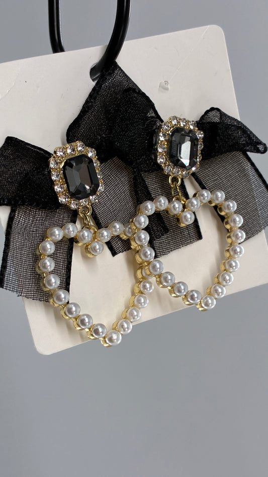 Pearl Lined Heart Earrings with Black Ribbon Bows